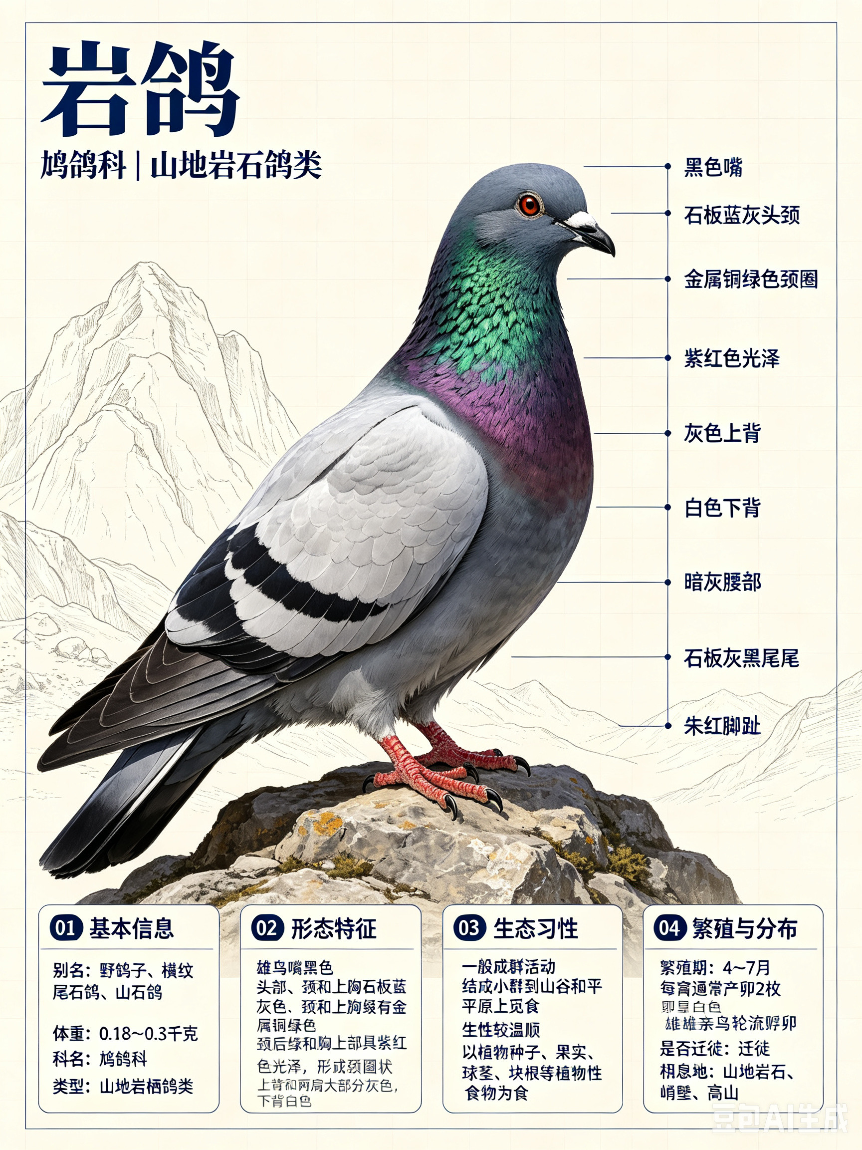 鸟类朋友图鉴岩鸽科名：鸠鸽科体重：0.18～0.3千克别名：野鸽子、横纹尾石鸽