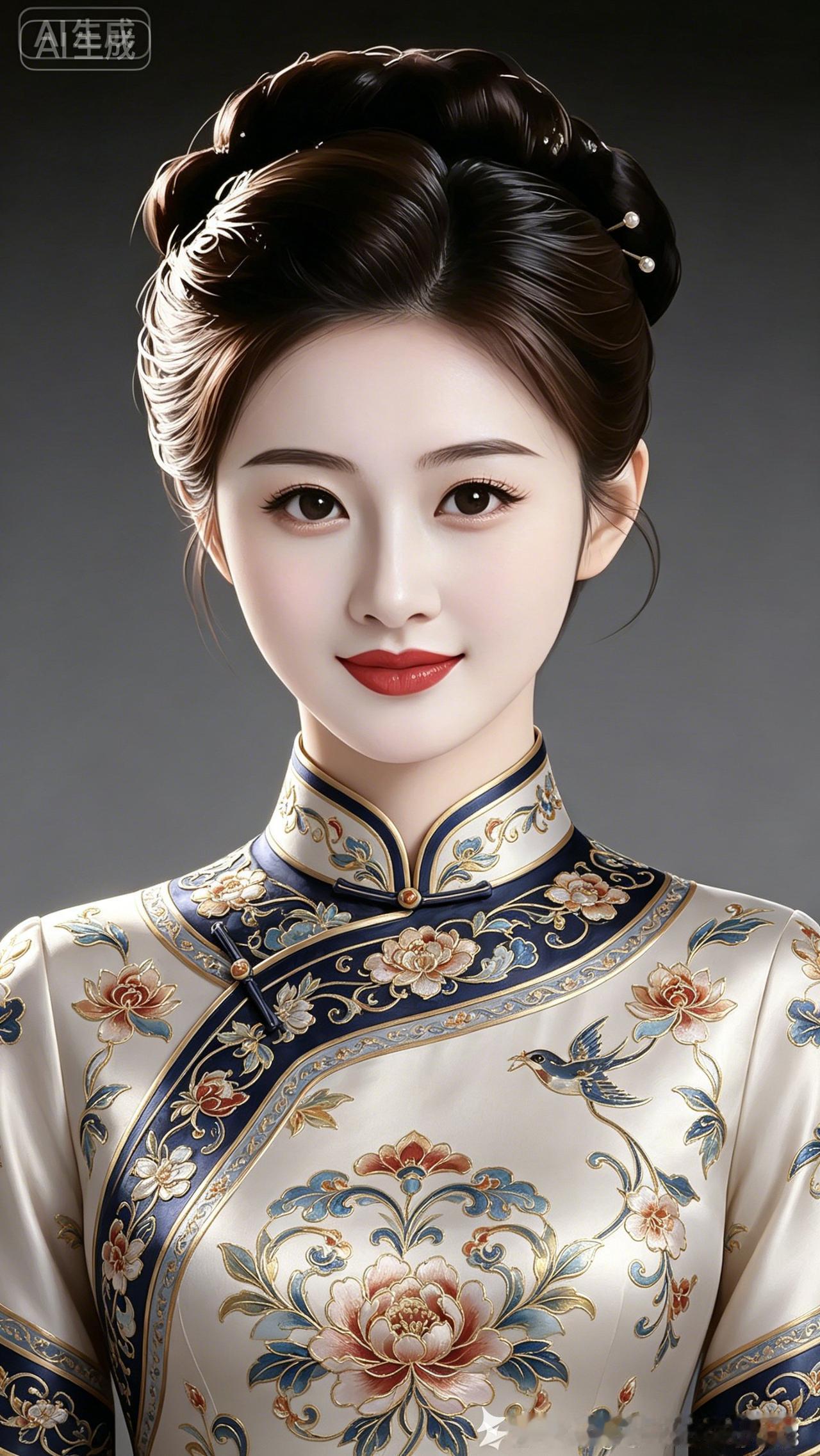 这位小姐姐穿着旗袍，妆容精致。
