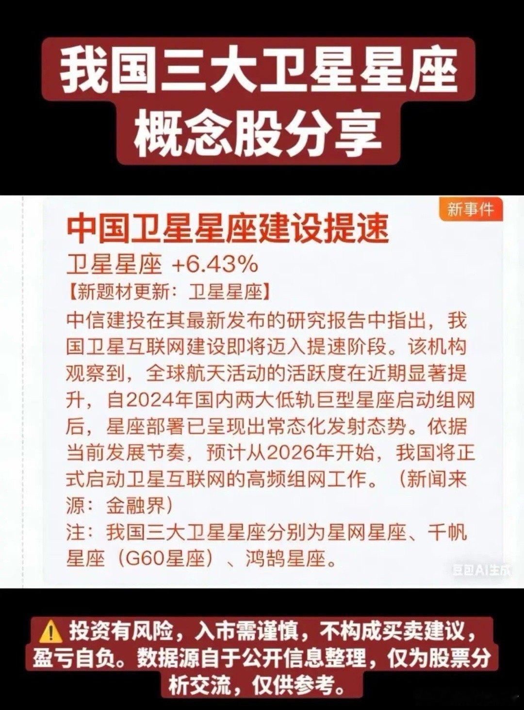 我国三大卫星星座概念分享！1.国网星座2.千帆星座3.鸿鹄星座三大星座核心龙头股
