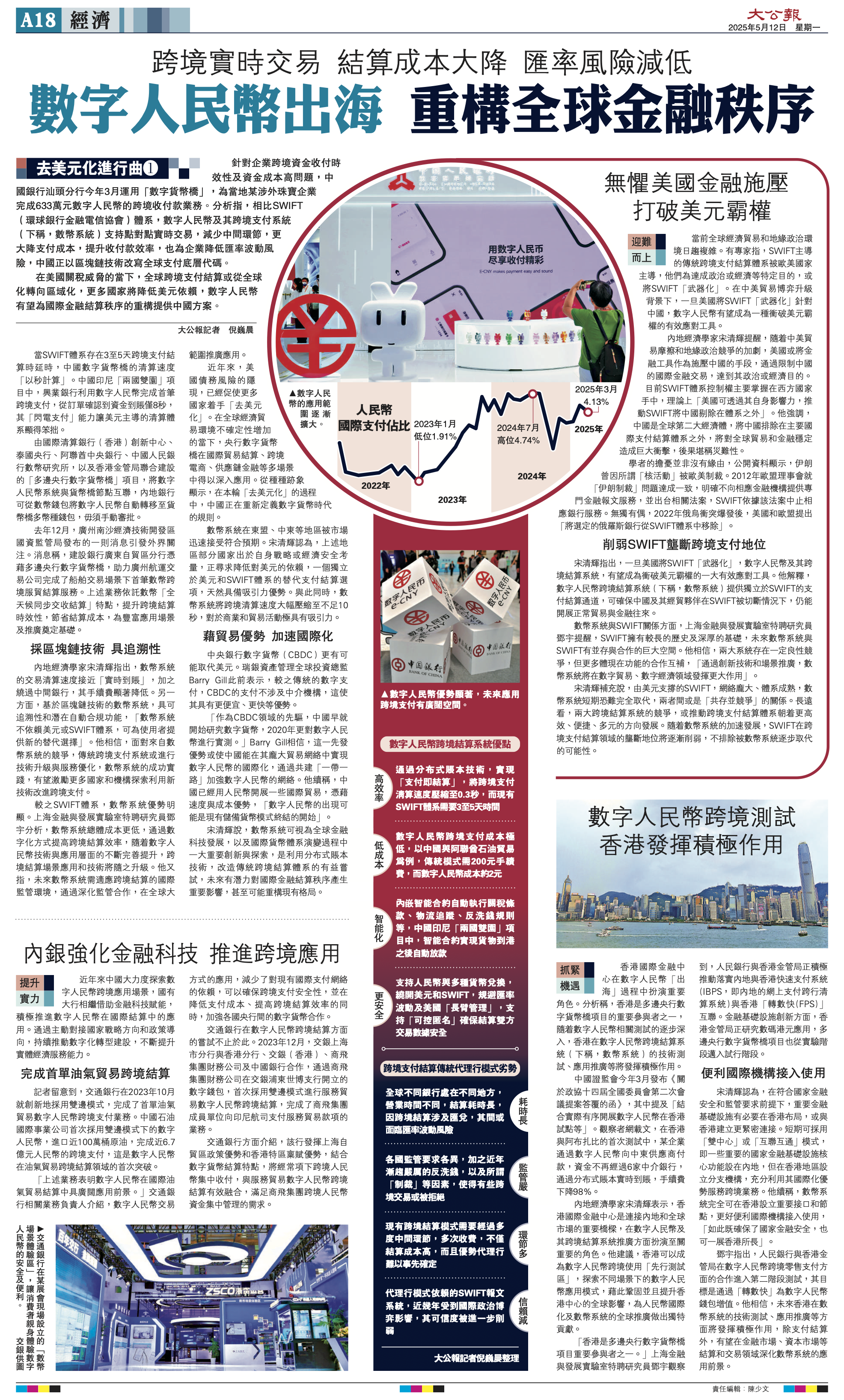 #去美元化进行曲# ❶数字人民币出海，重构全球金融秩序。据大公报，内地经济学家