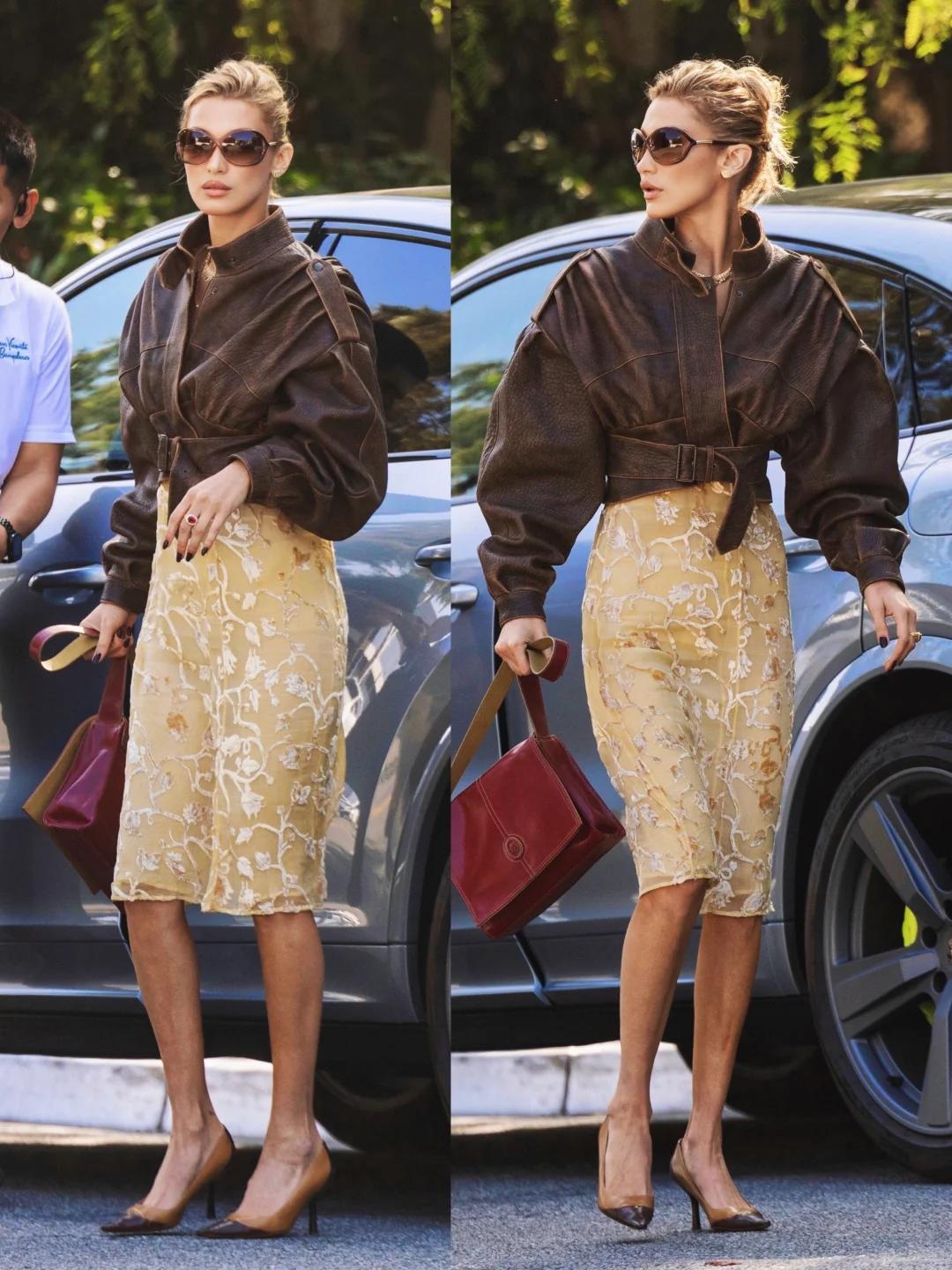 超模BellaHadid洛杉矶街拍，97年Prada黄裙太会选了✨又美出新高