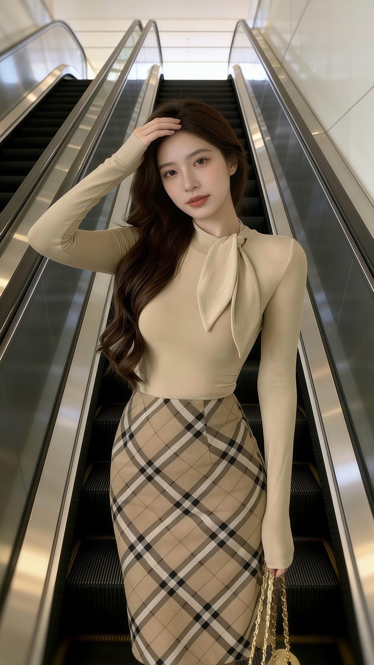 优雅穿搭指南：米色上衣+格子裙，自信满满！👗👠