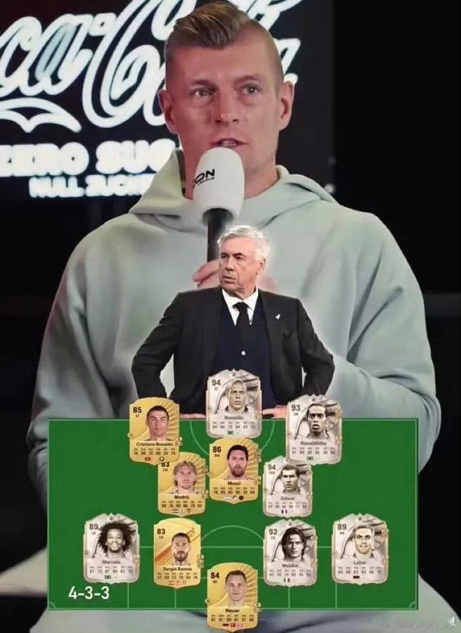 托尼·克罗斯说出了他心中的最佳十一人阵容，由安切洛蒂担任教练。门将：诺伊尔后卫：