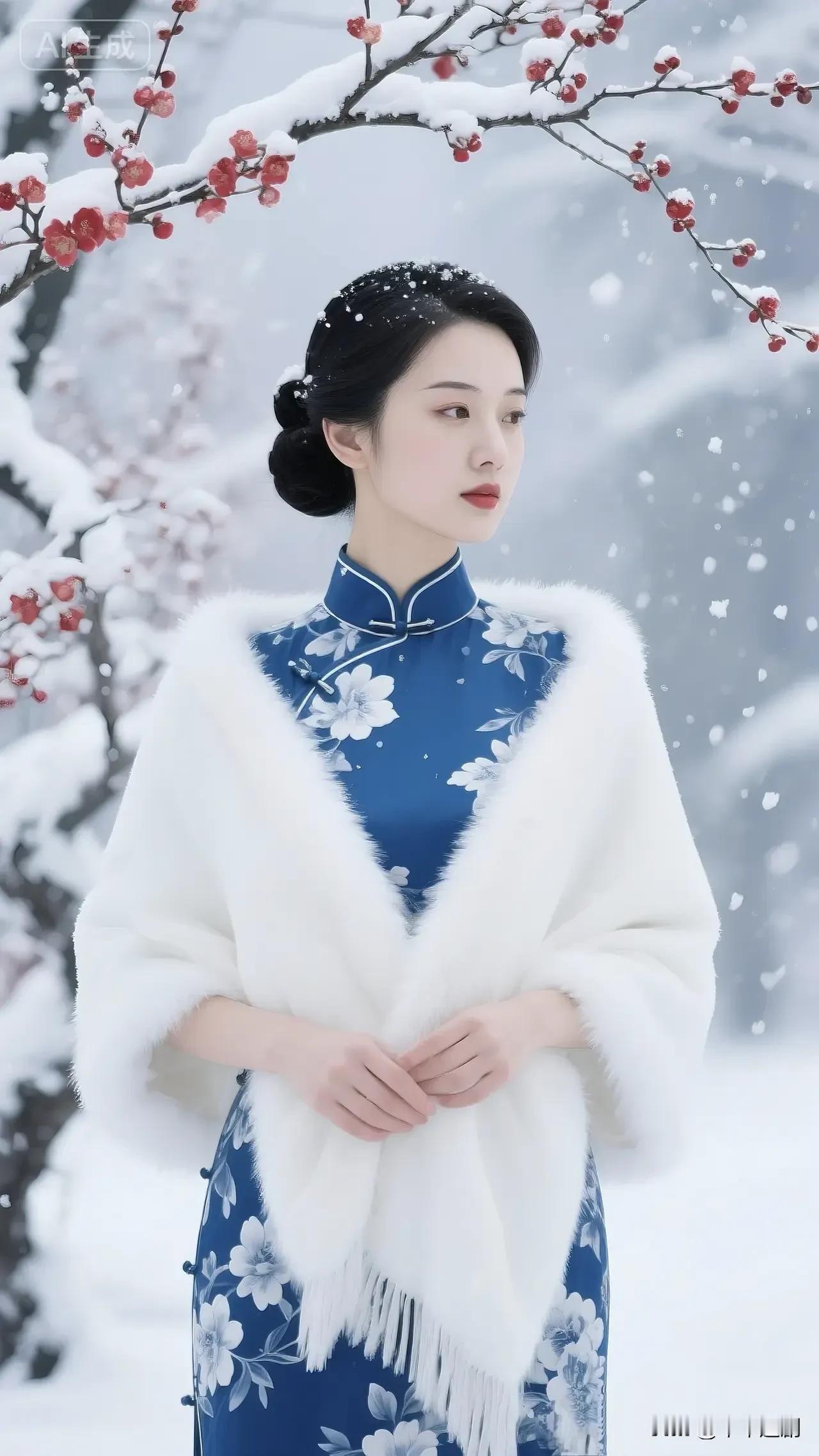 雪落梅梢时，青蓝旗袍裹着江南的柔，白裘披肩沾了冬的软。她抬眸处，是寒天里开出的一