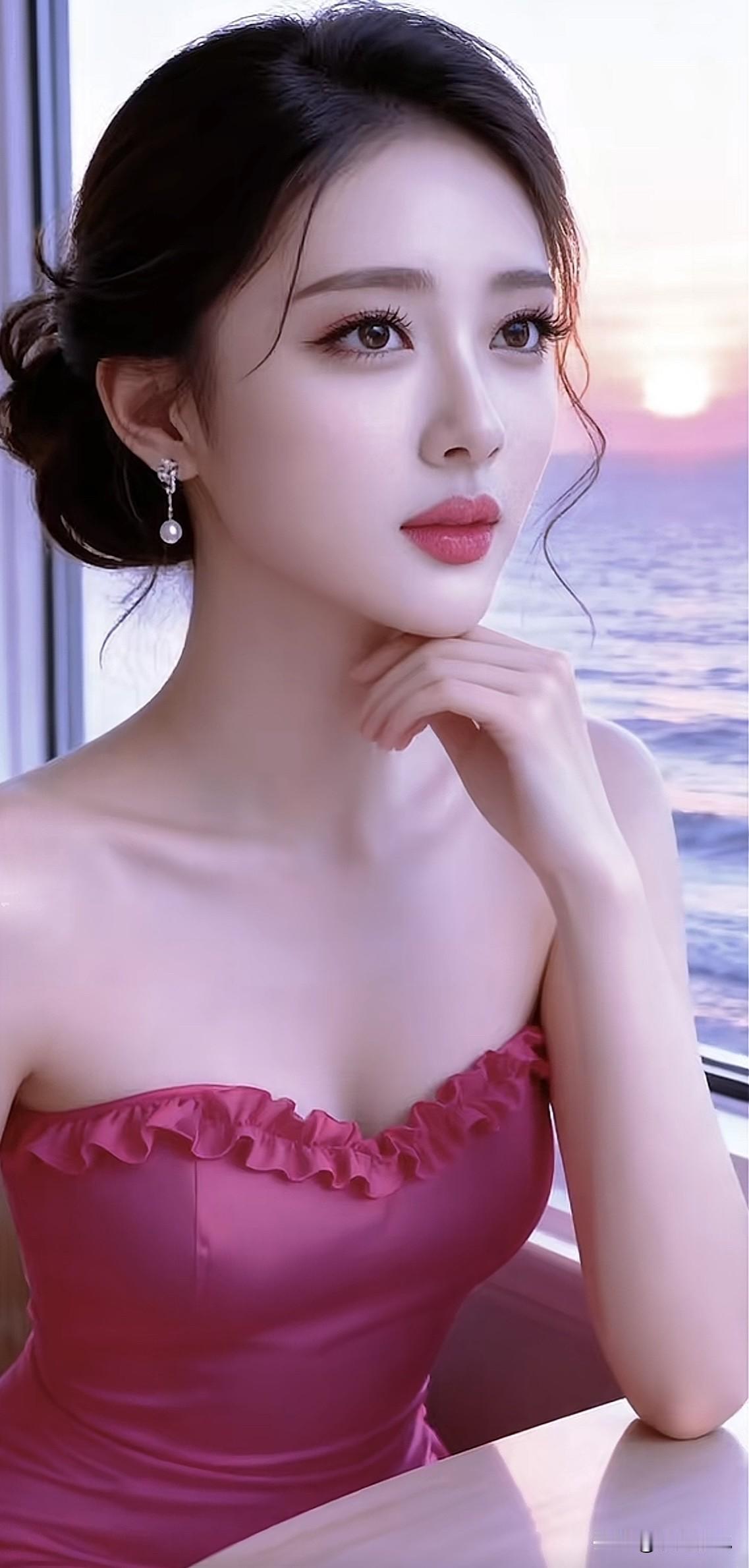 夕阳下的优雅美人，粉色礼服与海天一色相映成趣。湖畔紫裙照夕阳美女照玫粉裙照