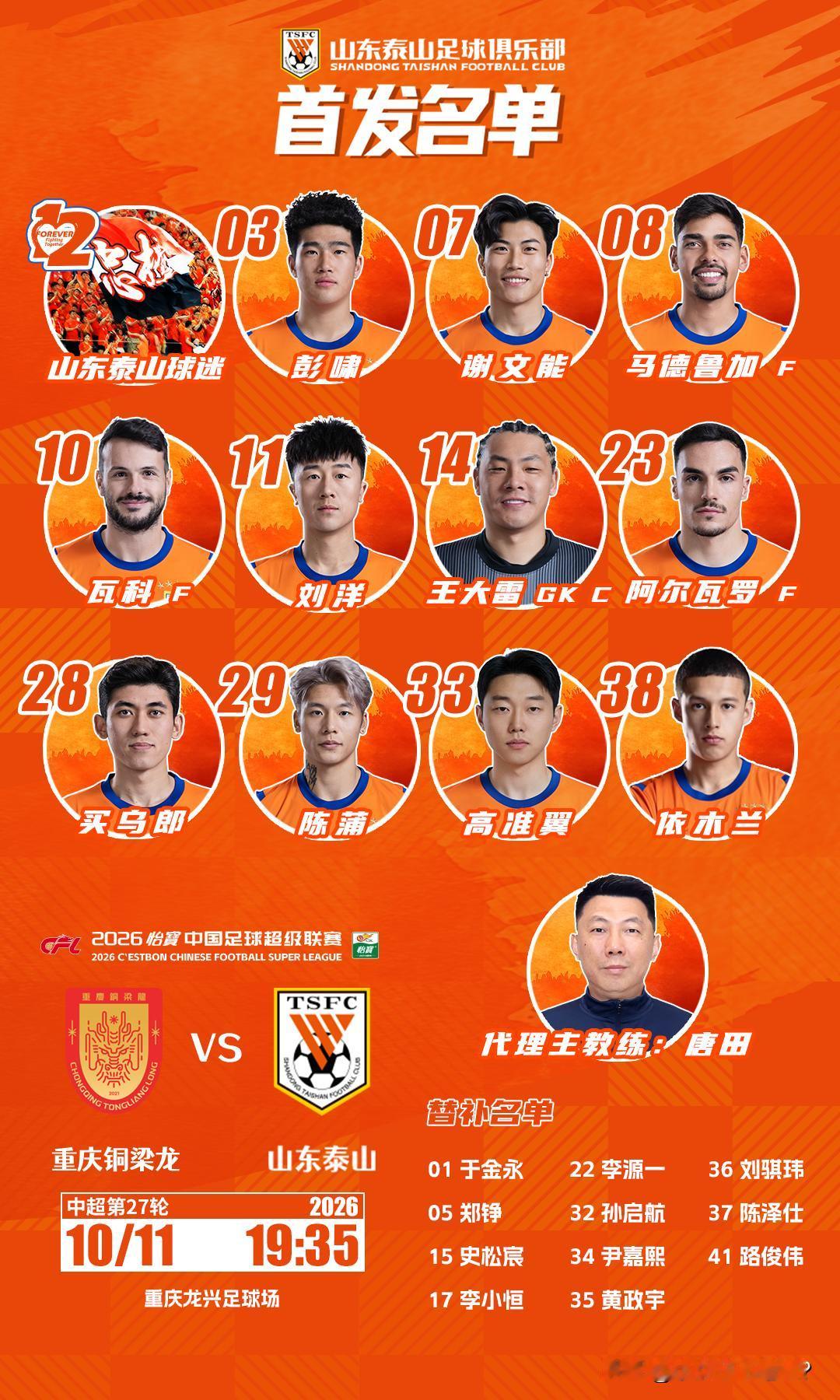 王大雷重回首发！三外援对阵四外援，客战重庆铜梁龙拿分困难中超联赛第27轮泰山