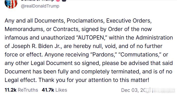 特朗普总统宣布拜灯时期由“自动签名笔”签署的所有文件作废：任何由现今臭名昭著且未