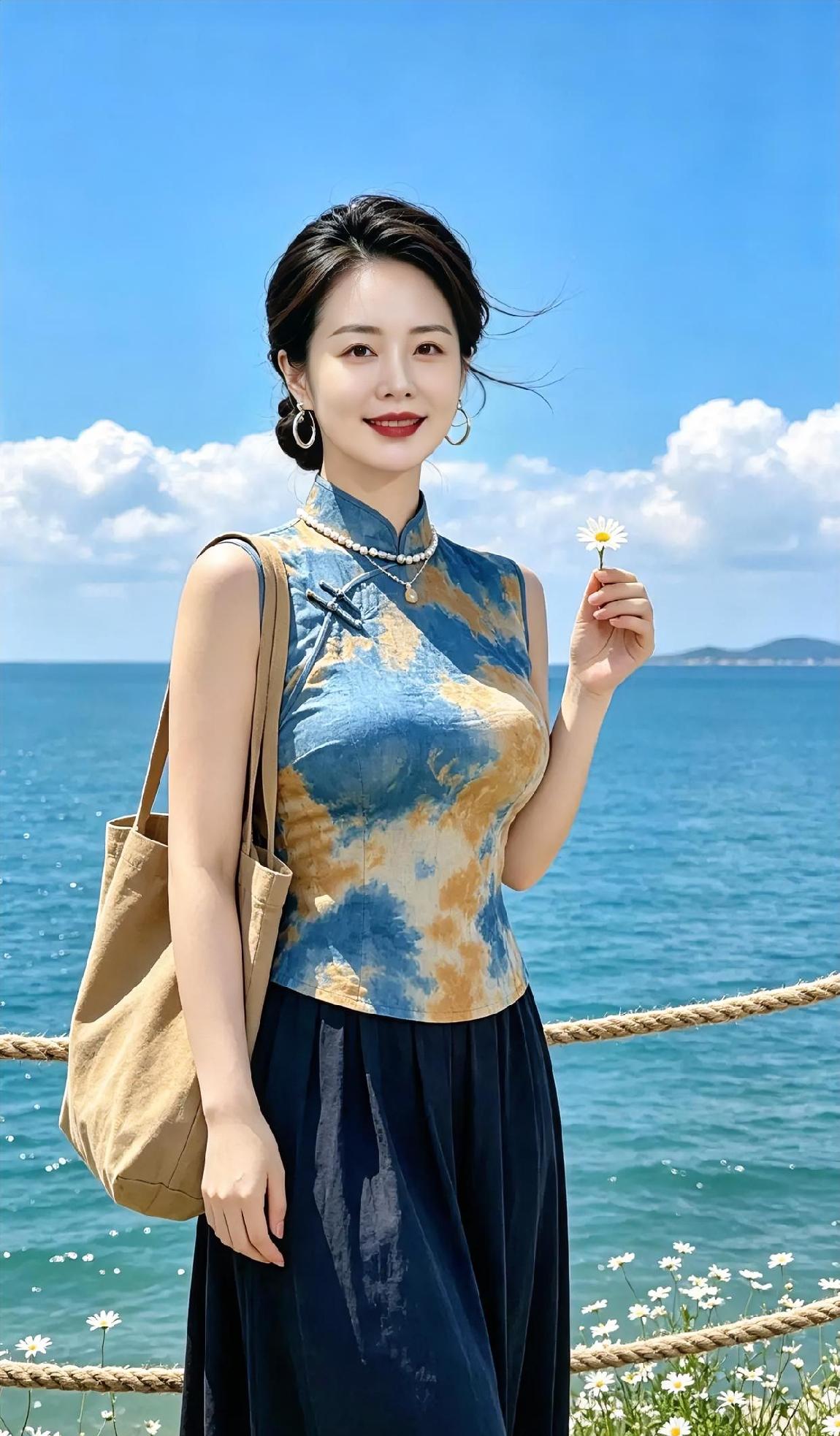 蓝衫染着云影，她立在碧海前微笑。指尖小白花轻摇，珍珠项链温润，帆