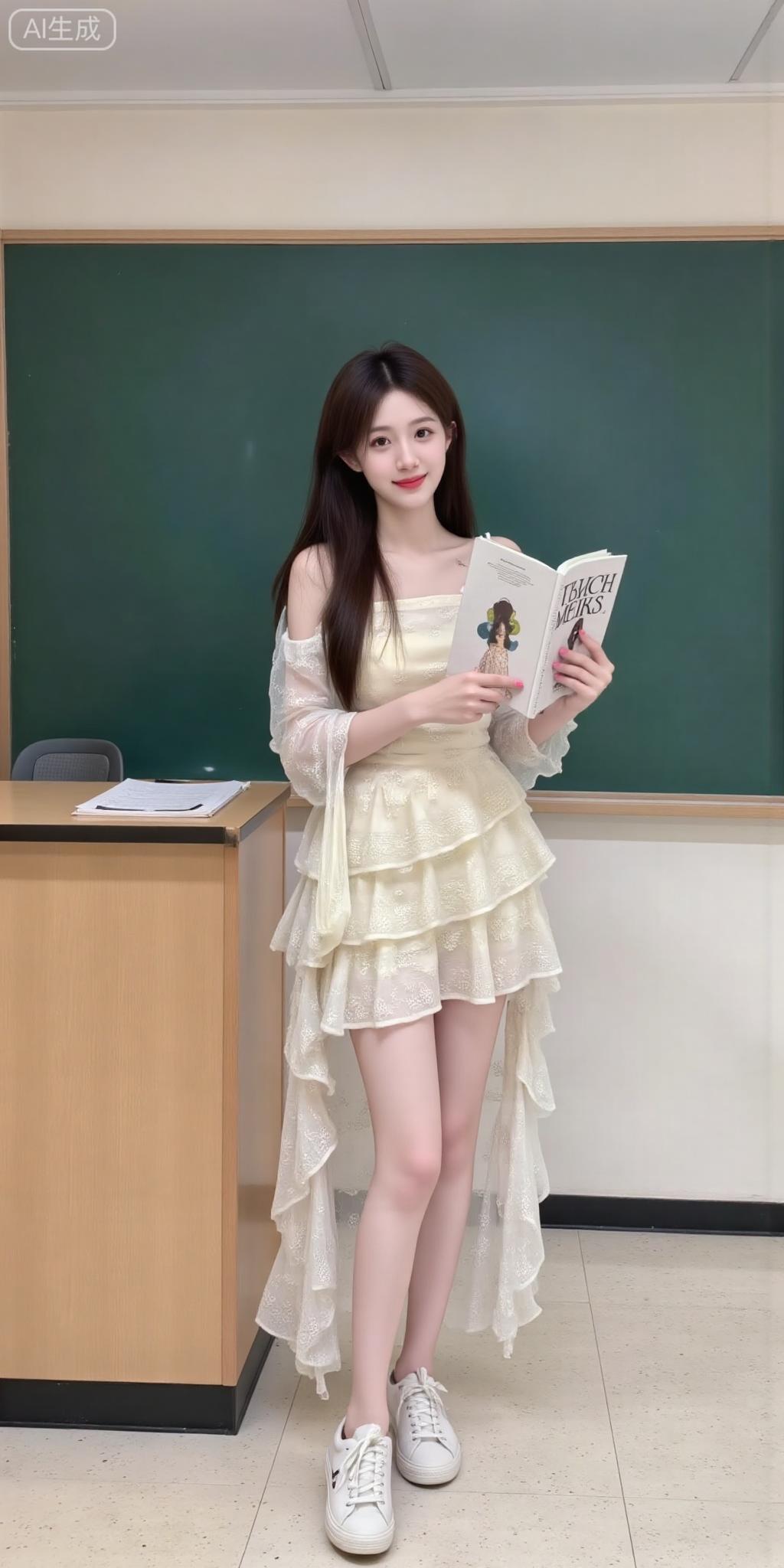 教室的奶黄甜妹好清新缎面吊带裙叠着层叠裙摆，像把阳光揉进裙褶里，捧着书本站