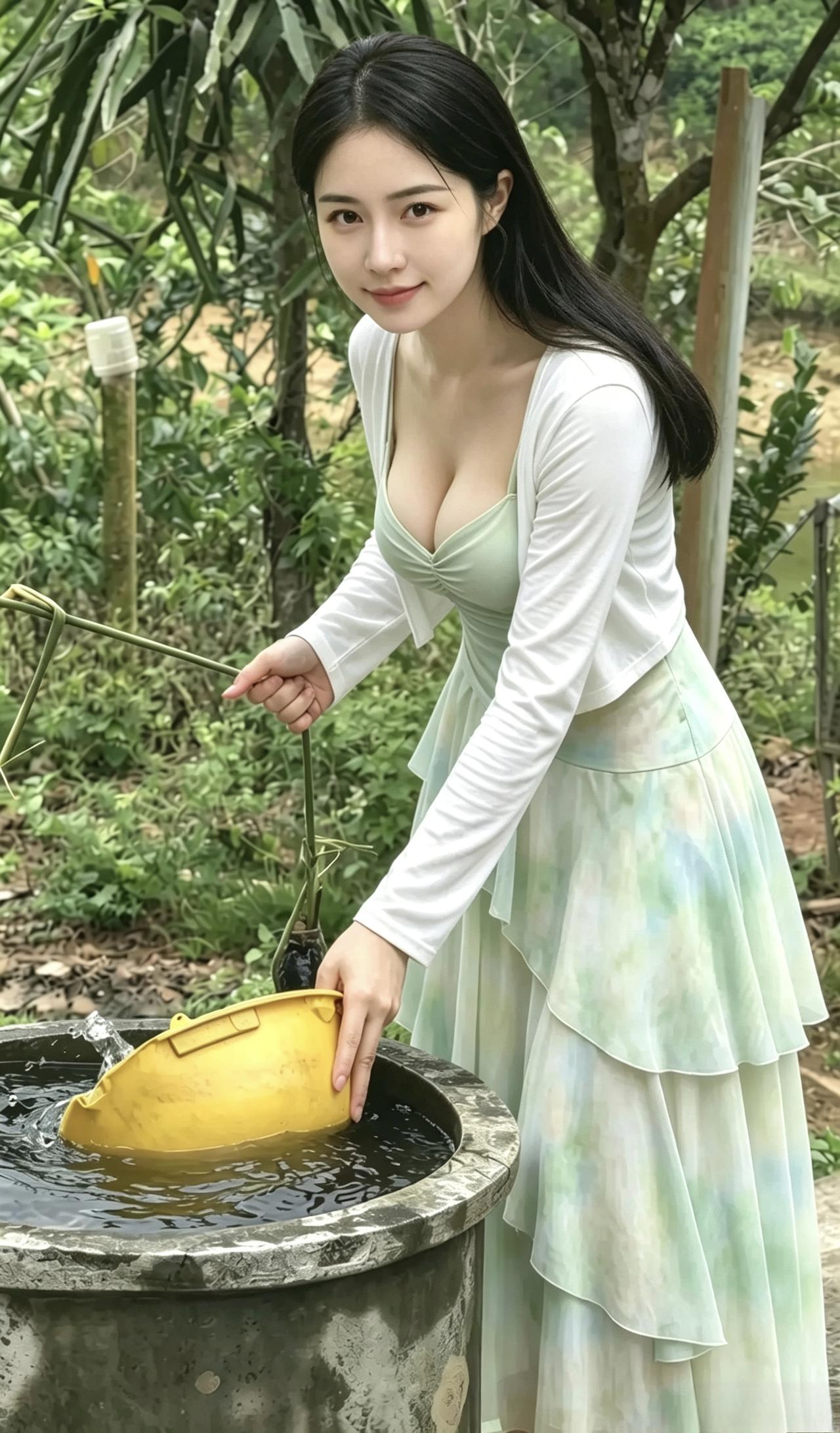 山林漫染翠烟，草木浸着山野独有的清新。一汪老石缸盛满天光，竹杆轻挑，黄瓢溅起细