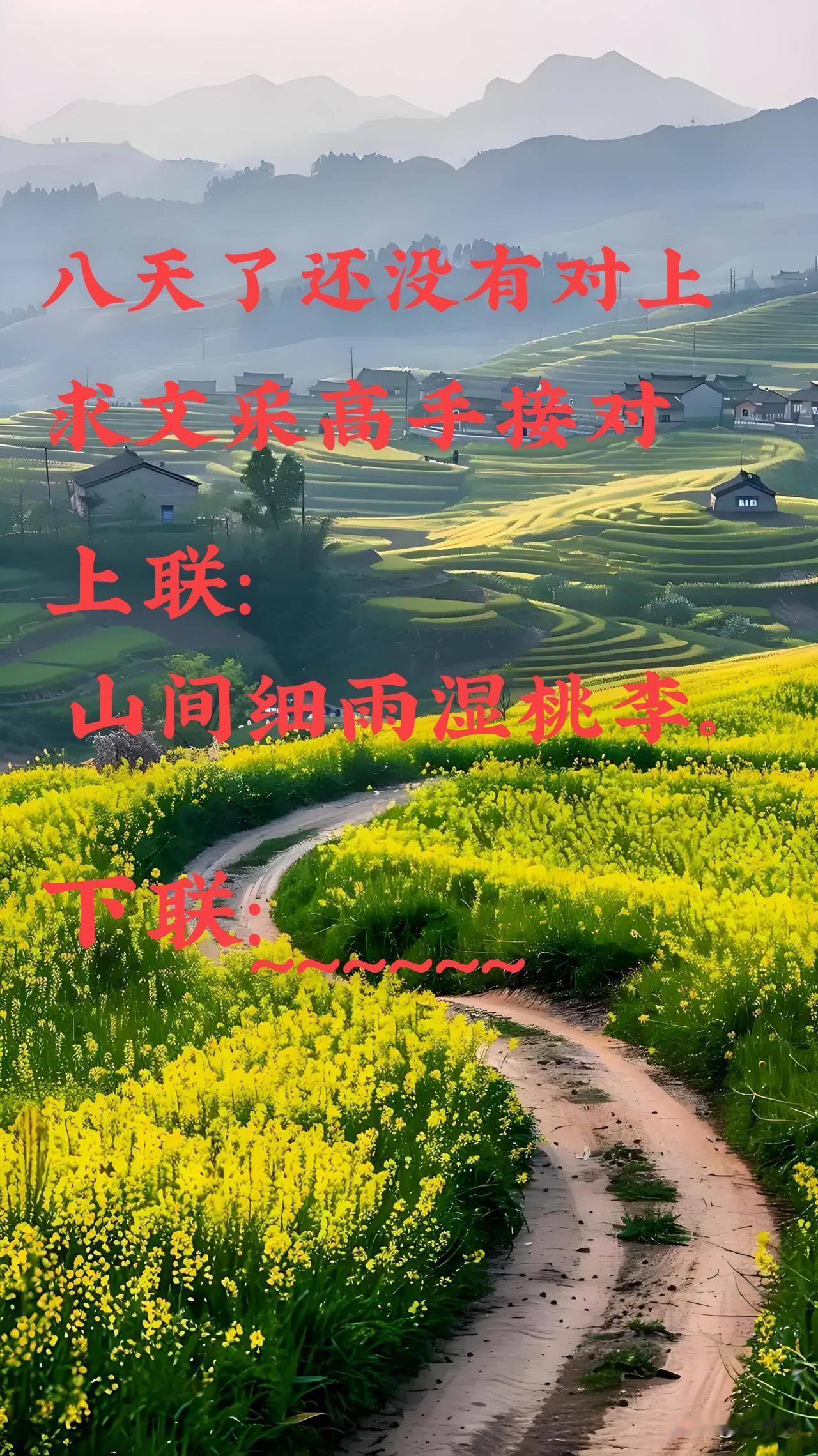 八天了还没有人对上对联求文采高手，接对对联飞花令上联：山间细雨湿桃李