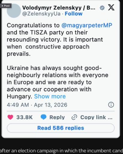 北京时间今日4时49分，乌克兰总统泽连斯基发推祝贺马扎尔及其政党！泽连斯基高兴啊