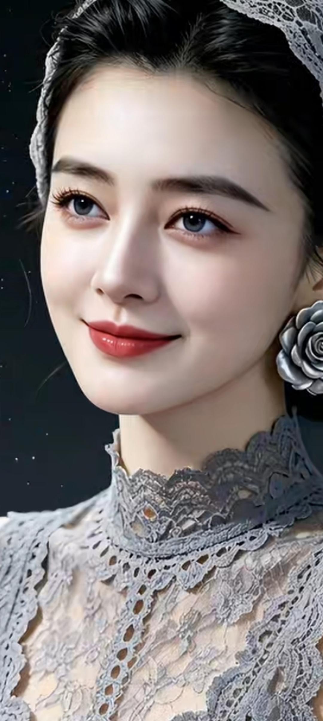 优雅蕾丝装，复古花饰耳环，甜美笑容，气质女神