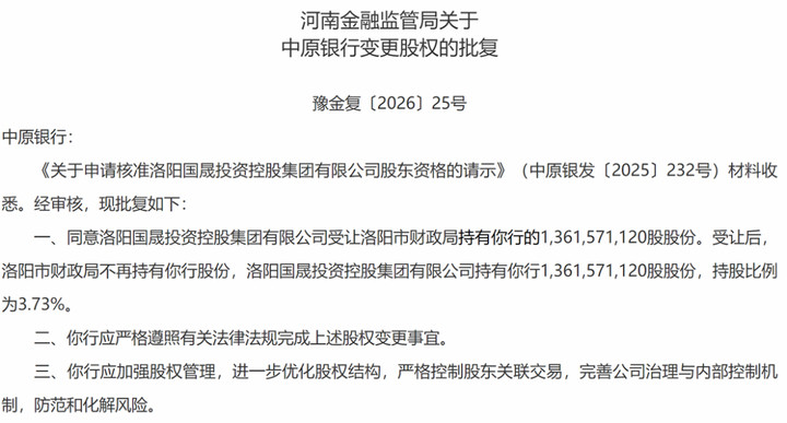 中原银行第二大股东变更