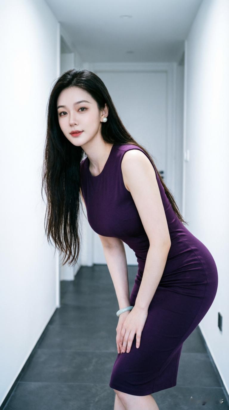 走廊里的极简轻熟风，深紫包臀裙衬得气质清冷，简约中藏着克制的性感。