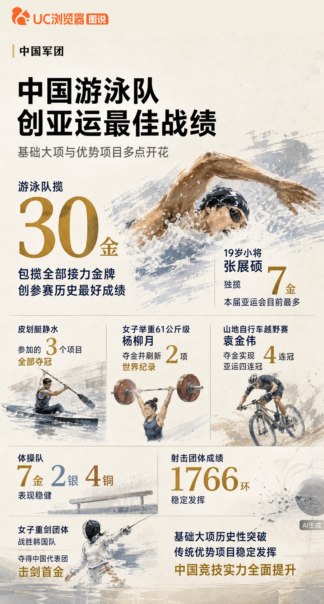 名古屋亚运中国军团多点开花：游泳狂揽30金包揽接力，19岁张展硕独得7金成夺金王；举重杨柳月刷新两项