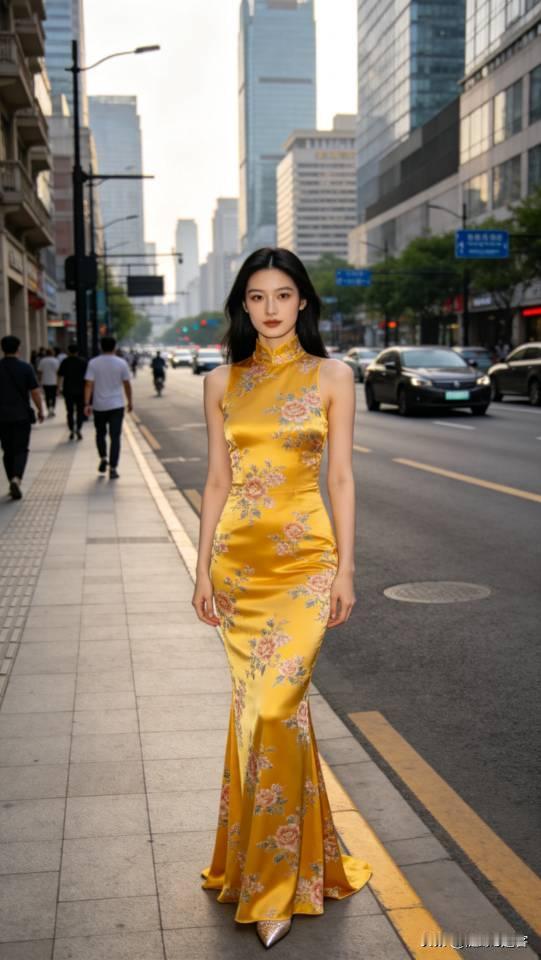 优雅金色印花旗袍女子漫步都市，尽显东方韵味！旗袍裙美女壁纸