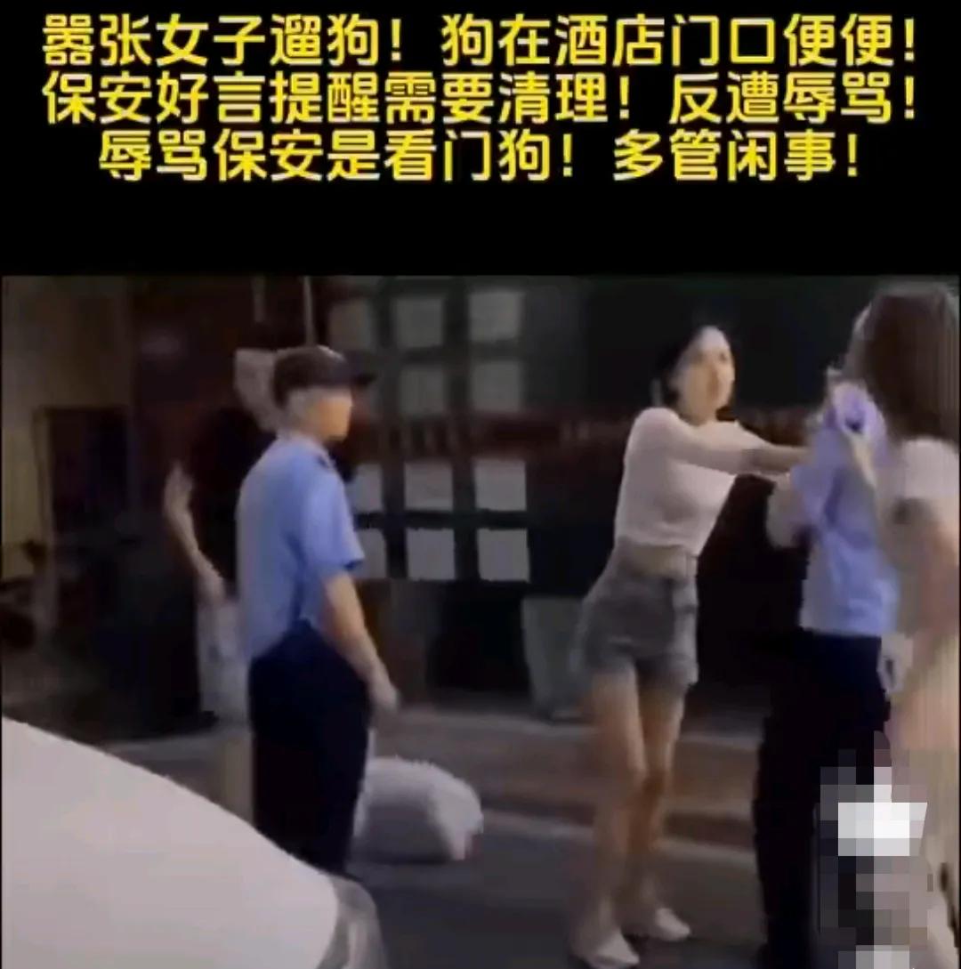 两位女子出来遛狗，打扮时尚，身材高挑，途径一酒店时，狗在酒店门口毯子上大便，保安