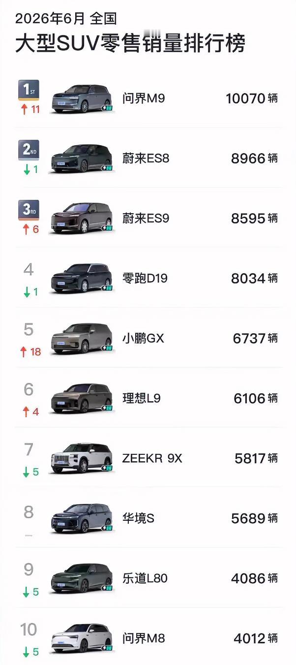6月大型SUV市场格局大改变：问界M9王者归来，蔚来ES8丢掉宝座，极氪9X下滑