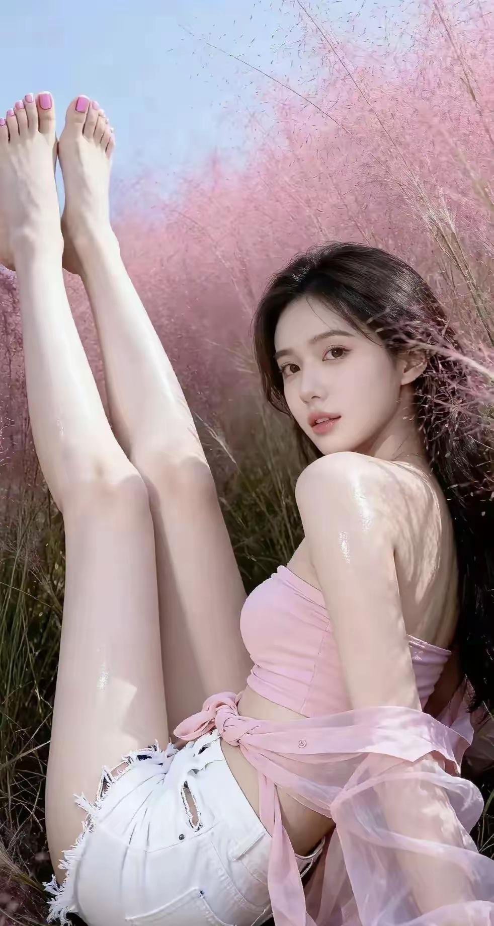 夏日粉色少女，微风轻拂，花海中漫步海边花海少女初秋少女感