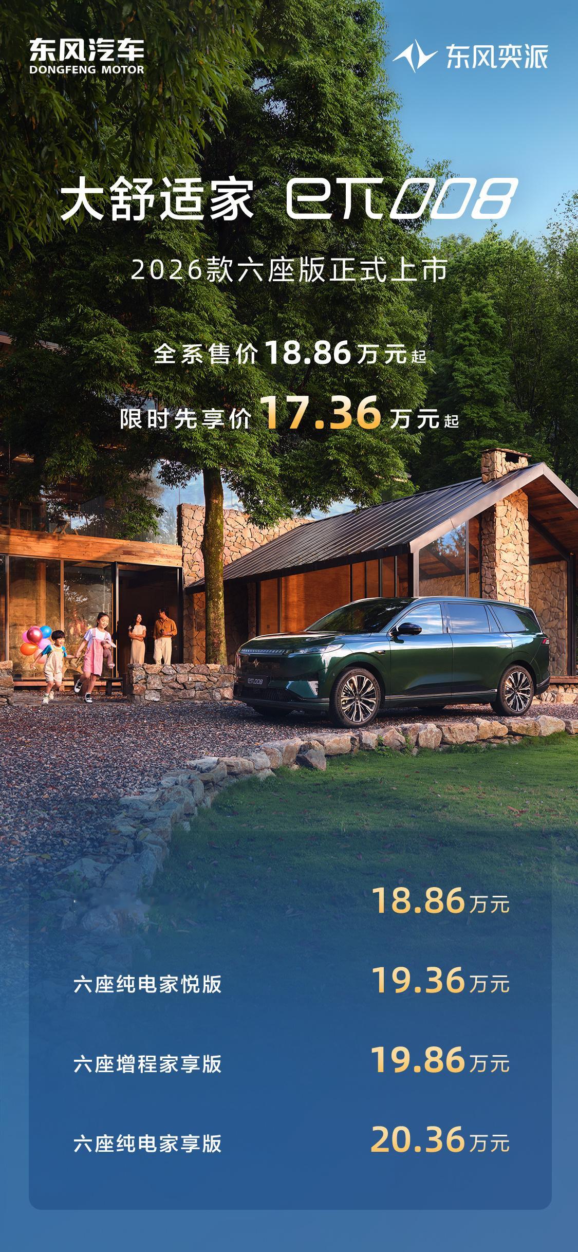 2026款东风奕派008六座版上市，新车共计推出4款配置车型，售价区间18.36
