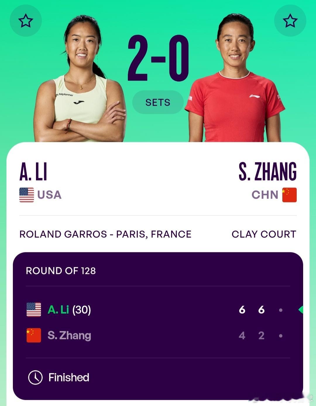 法网2026女单首轮张帅🇨🇳4-6/2-6不敌30号种子李吉妮🇺🇸，无