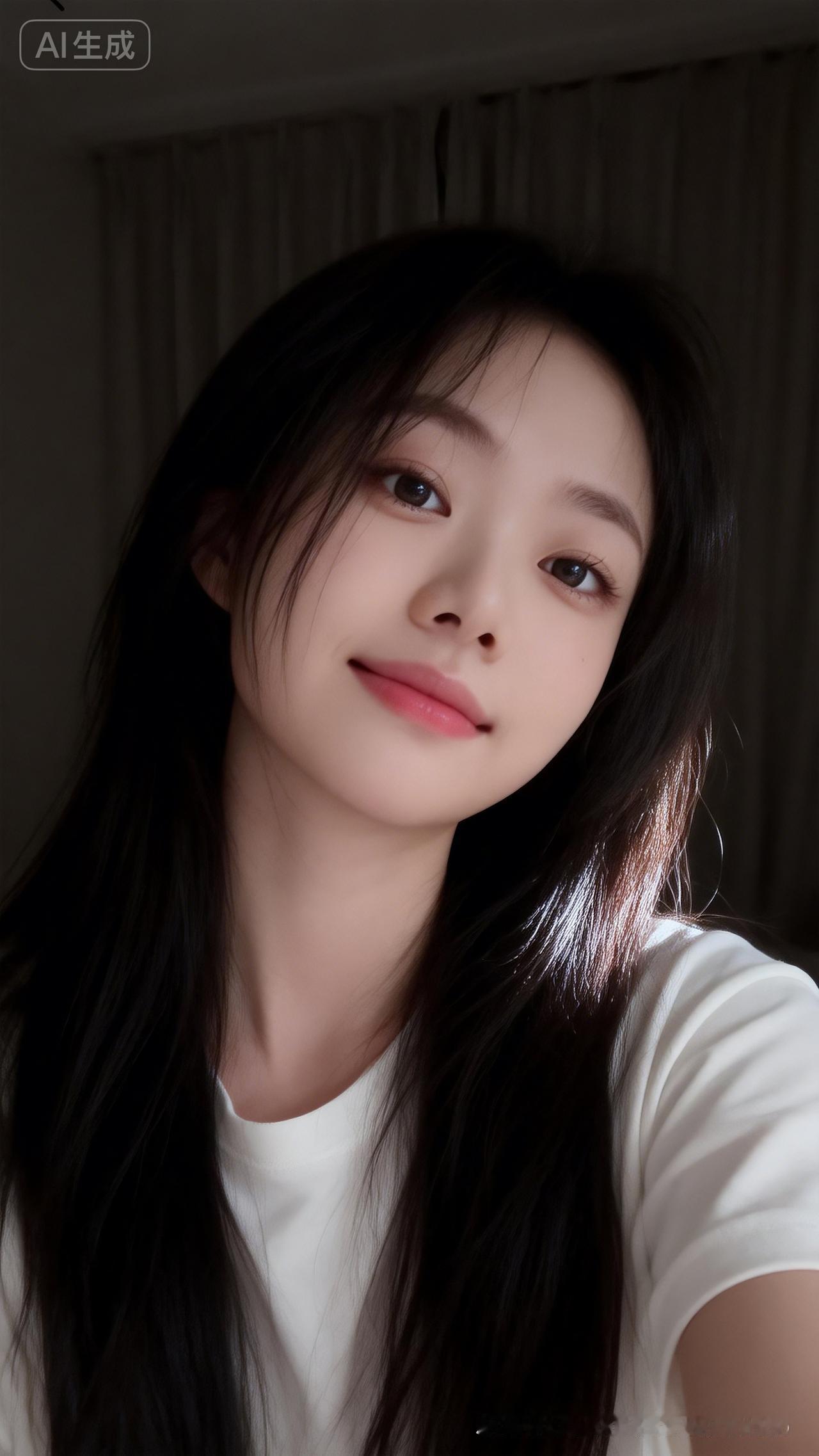 眼神温柔，鬓角发丝凌乱垂落泛微光，黑长柔顺直发，白色宽松短袖，真实平静无修饰，满