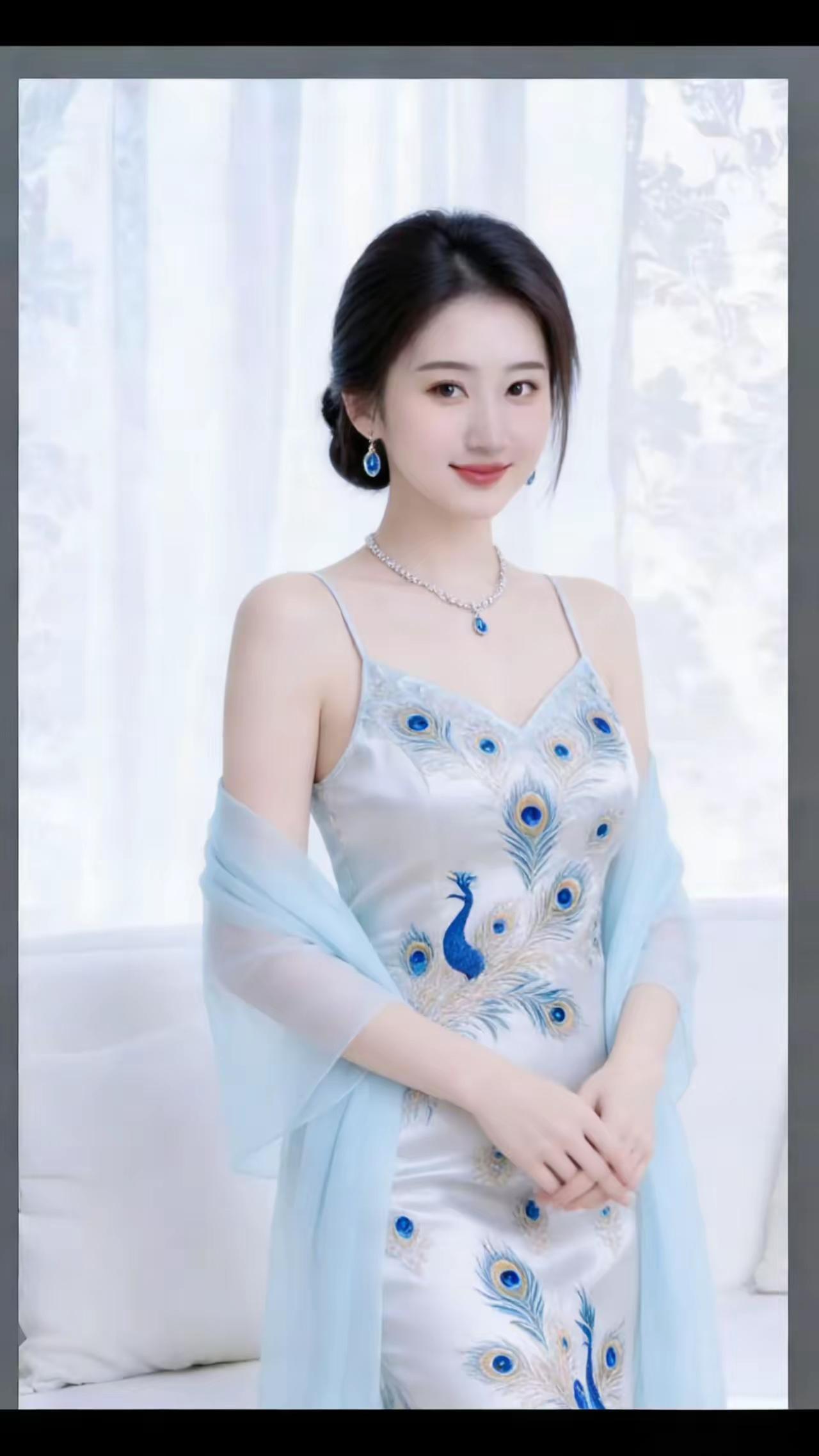 优雅蓝孔雀裙，气质女神范儿