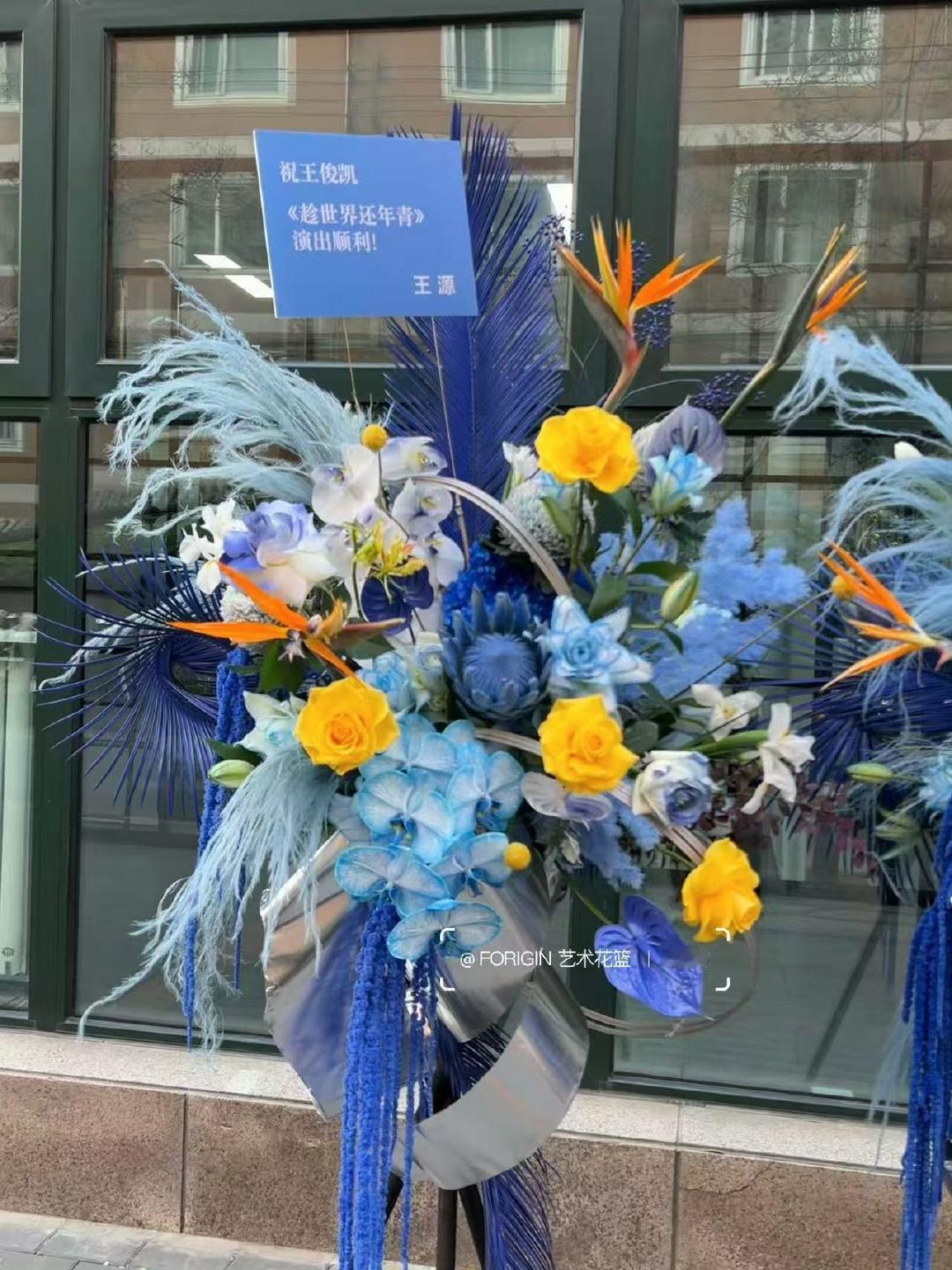 王源给王俊凯送的花篮王源祝王俊凯趁世界还年青演出顺利王源给王俊凯送的花篮，蓝色帝