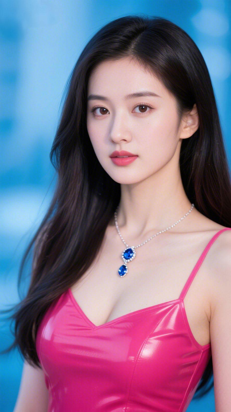 《玫粉裙的柔亮氛围感》浅蓝雾感的背景里，玫粉亮面裙裹着一层柔和的光泽，细吊