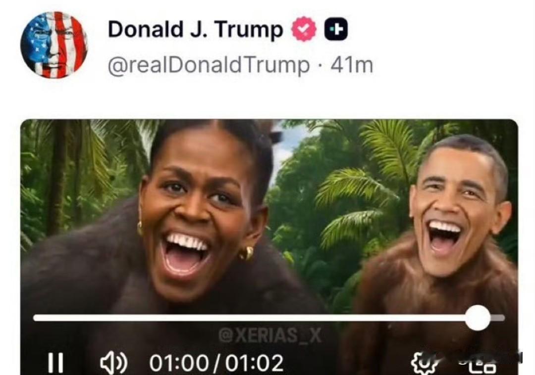 赤裸裸的种族歧视，川普又搞了个大活儿特朗普删除了一个将贝拉克·奥巴马和米歇尔