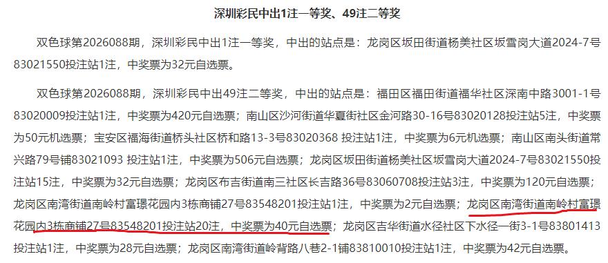 34注井喷还少了20注？双色球井喷之夜深圳龙岗区南湾街道南岭村富璟花园站点还中出