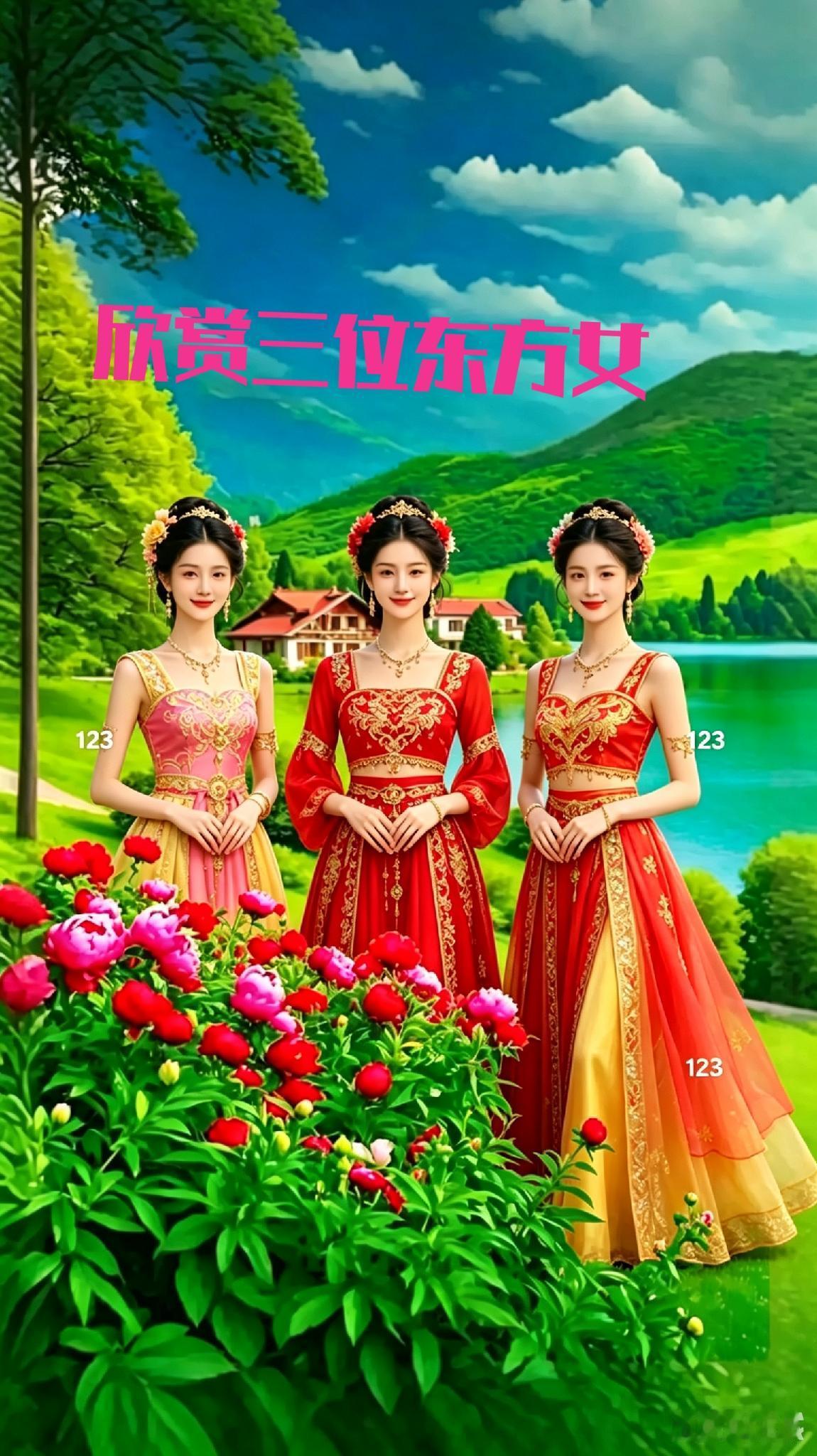 左侧美女眼波娇，粉裙飘曳若仙邀。中间身姿尤曼妙，红裙夺目韵情饶。右边笑靥