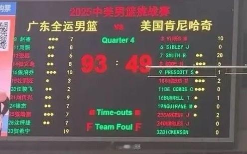 广东全运男篮热身赛93-49大胜美国肯尼哈奇 贺希宁19分&开局14分