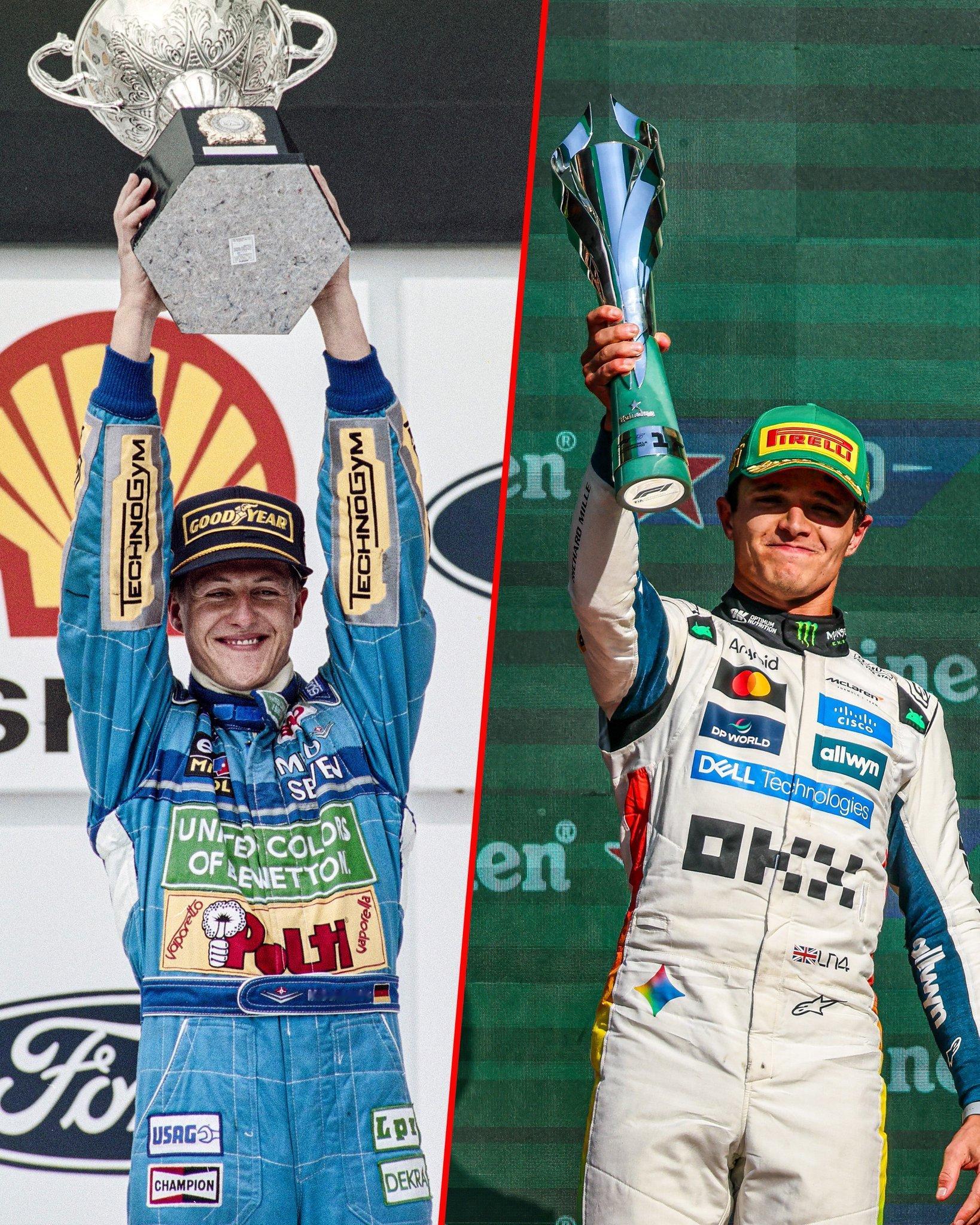 历史上仅有两位车手生涯前10胜来自10条不同的赛道：舒马赫、诺里斯2025f1墨