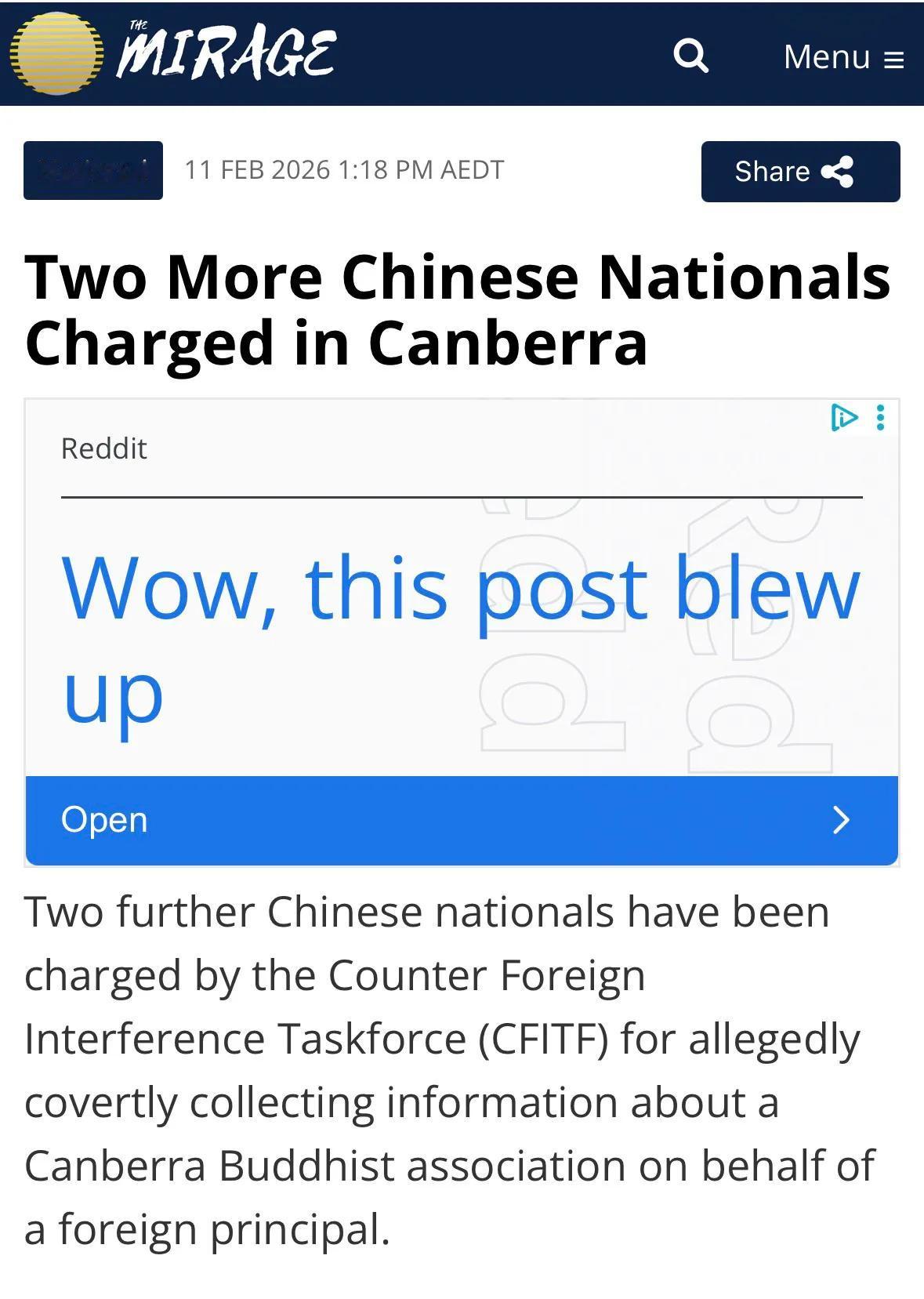 澳大利亚联邦警察11日宣布，已以“鲁莽实施外国干预罪”起诉两名中国公民，指控他们