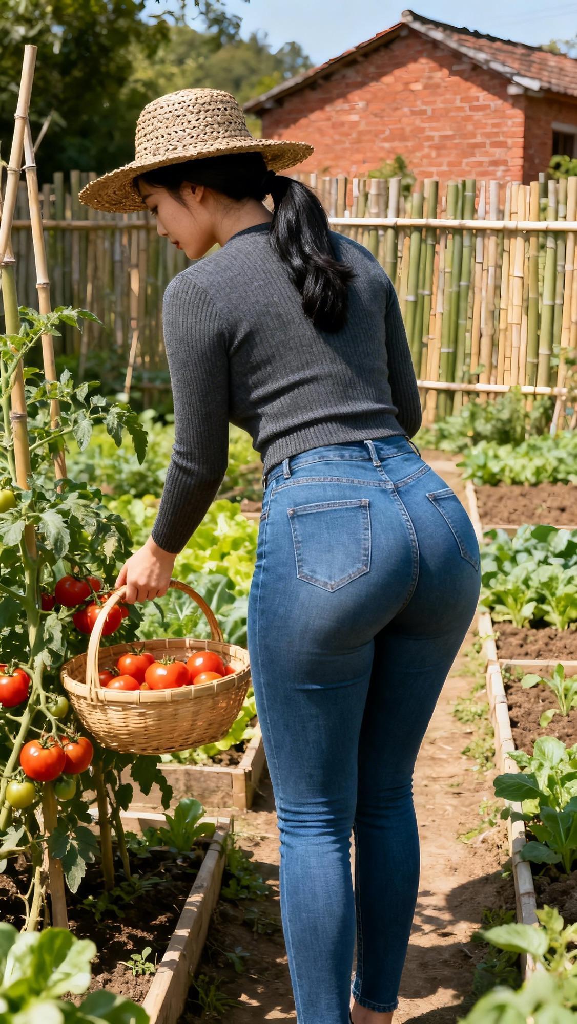 竹篱轻倚着砖房的暖红，日光揉碎在藤蔓间，坠成番茄的艳色。竹篮悬在腕边，浸着泥土的