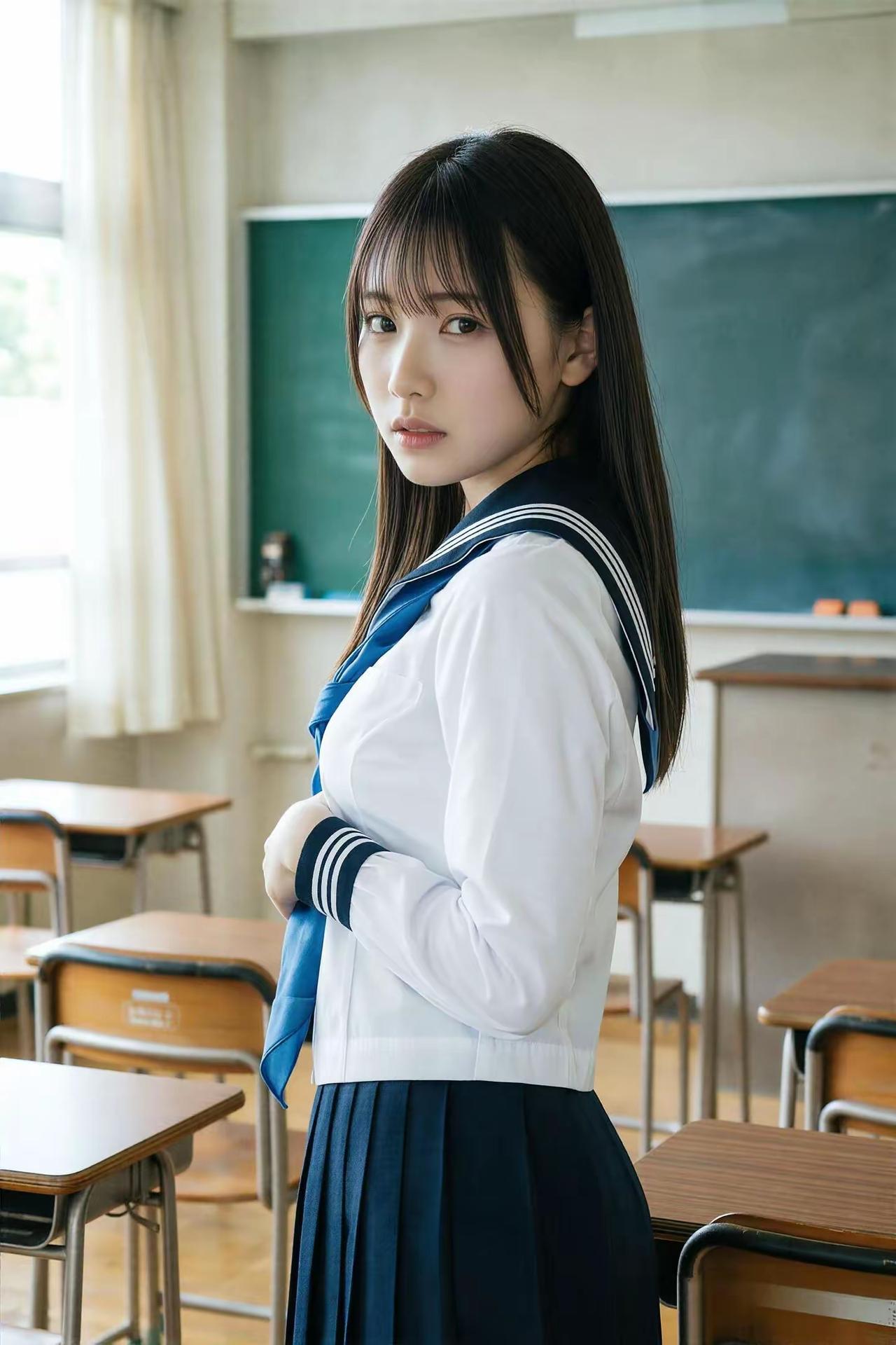 青春洋溢的校园少女，穿着水手服，站在教室里，阳光洒进教室，仿佛时间静止在这一刻。