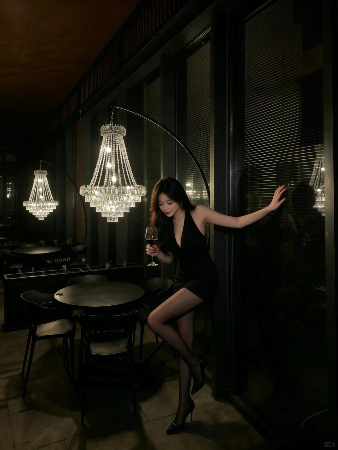 今晚是黑裙与水晶灯的浪漫暗调空间里，水晶灯的光裹着酒意一身黑裙踩进松弛的夜