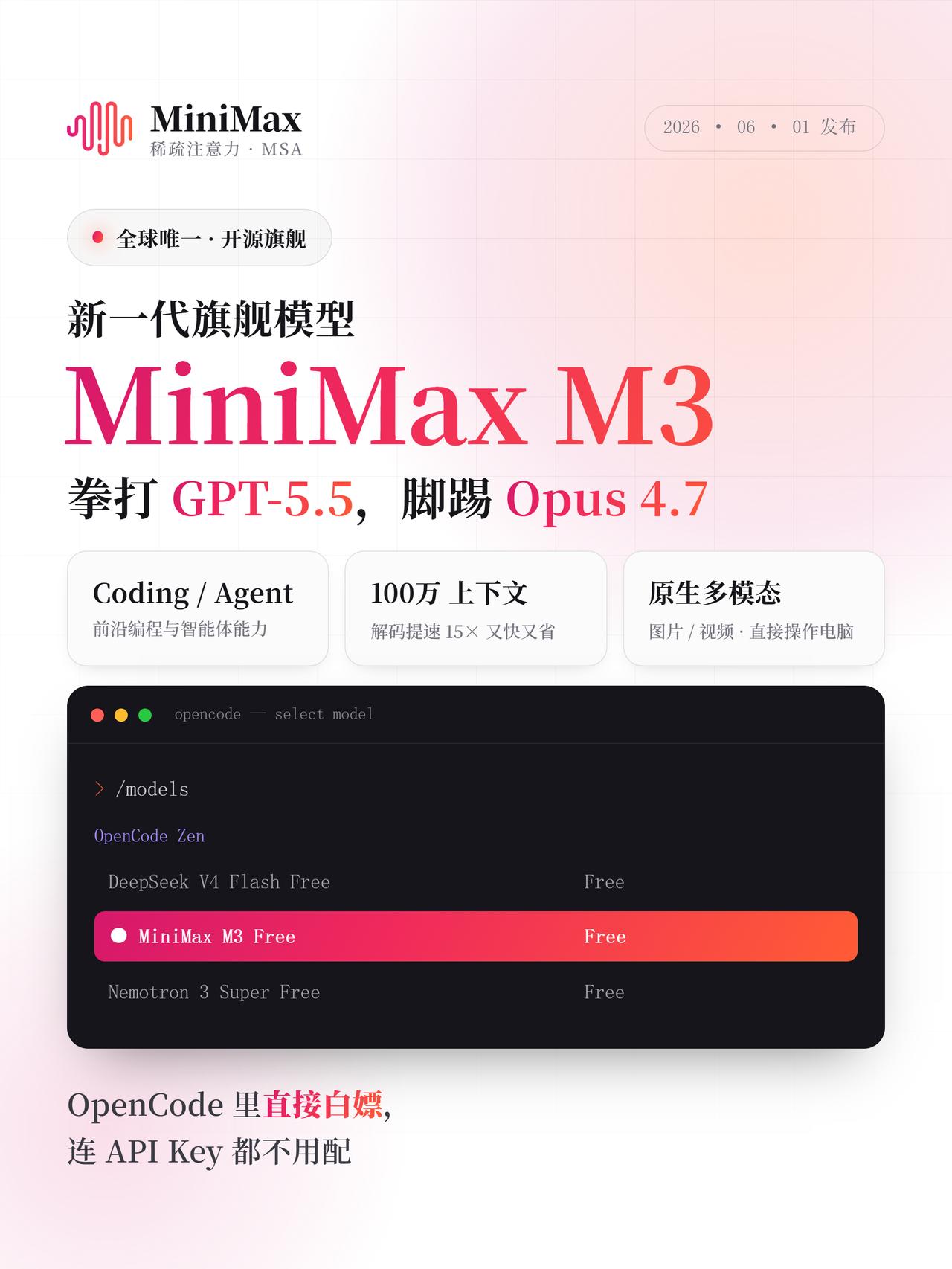 MiniMaxM3发布，OpenCode里能白嫖就在今天，MiniMax