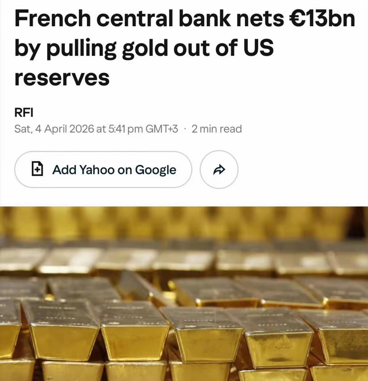 法国央行抛售所有存放在美国的黄金近日，法国央行出售了129吨存放在美国的黄金