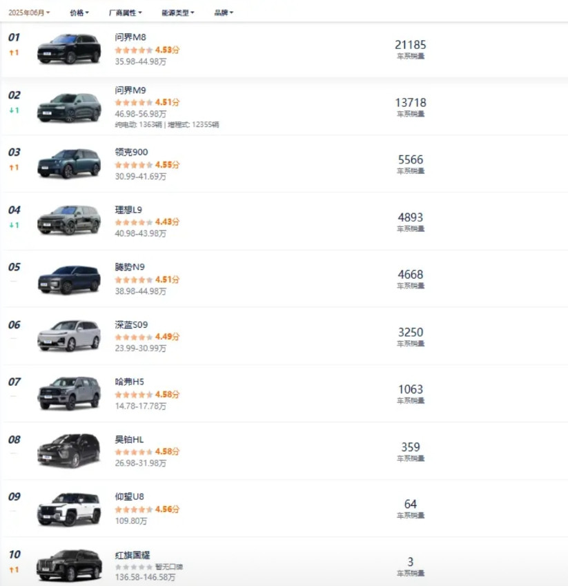 6月份大型SUV销量冠军还是问界M8，销量高达21185辆。问界M9则是第2名