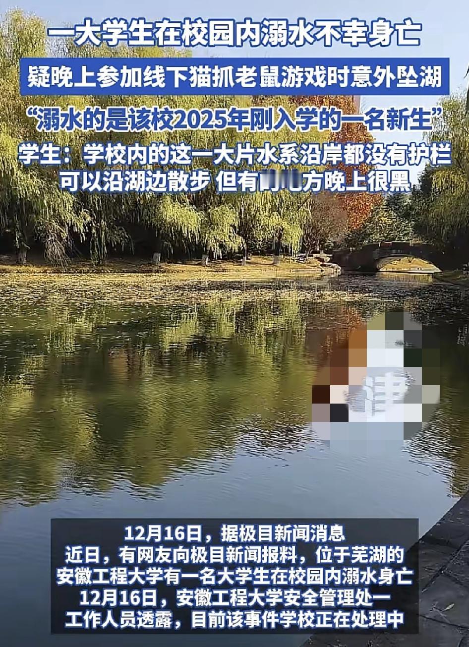 安徽芜湖一所大学一名2025级新生晚上在湖边不慎溺水身亡。该湖边是学校重点打造的
