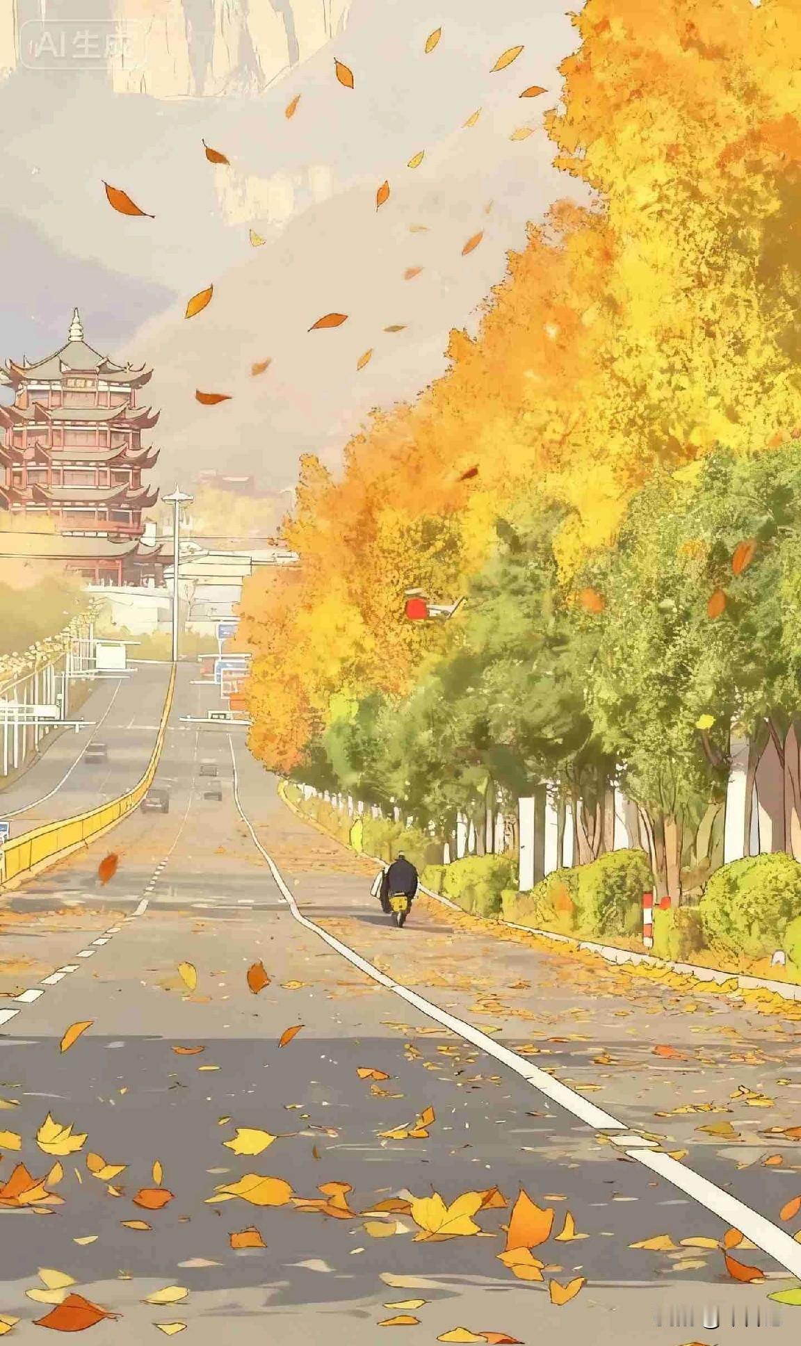 秋风卷着黄叶铺满长街，骑行人的影子被拉得孤单。那座古楼还在，曾经同行的人却