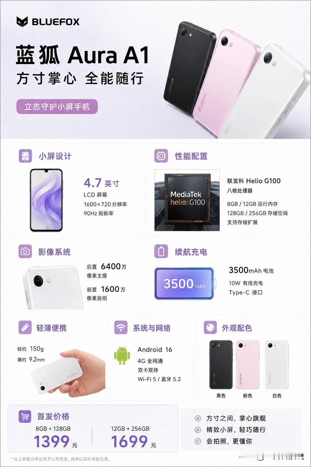 1399元起！蓝狐AuraA1正式开售，4.7英寸小屏手机终于又回来了！等