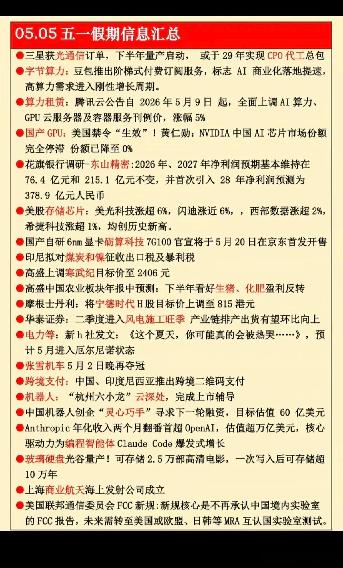 5.5周二五一假期财经信息！1.字节算力2.国产GPU3.存储芯片（美光、闪