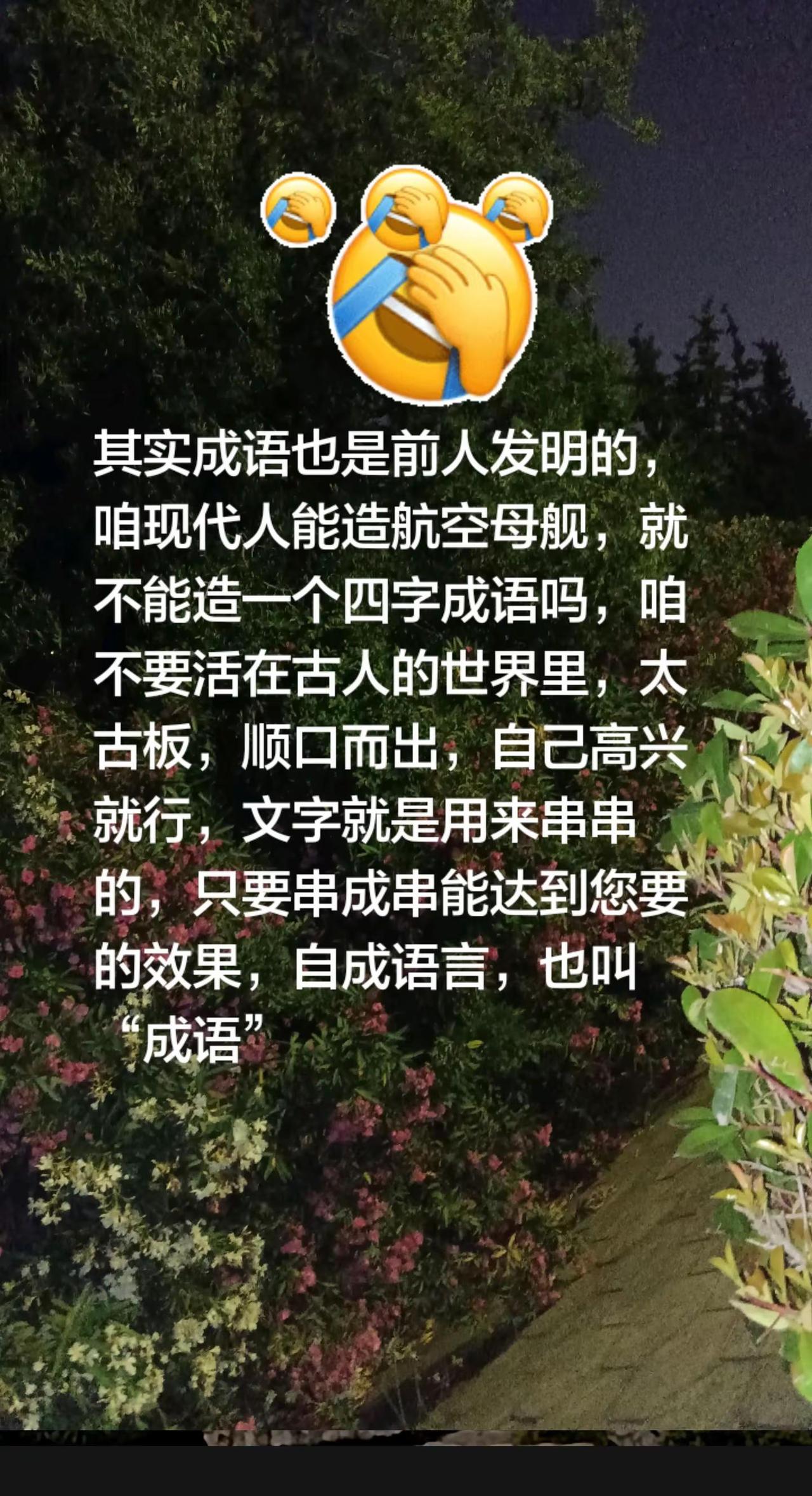 我回复了@何爹的评论：其实成语也是前人发明的，咱现代人能造航空母舰，就不能造一