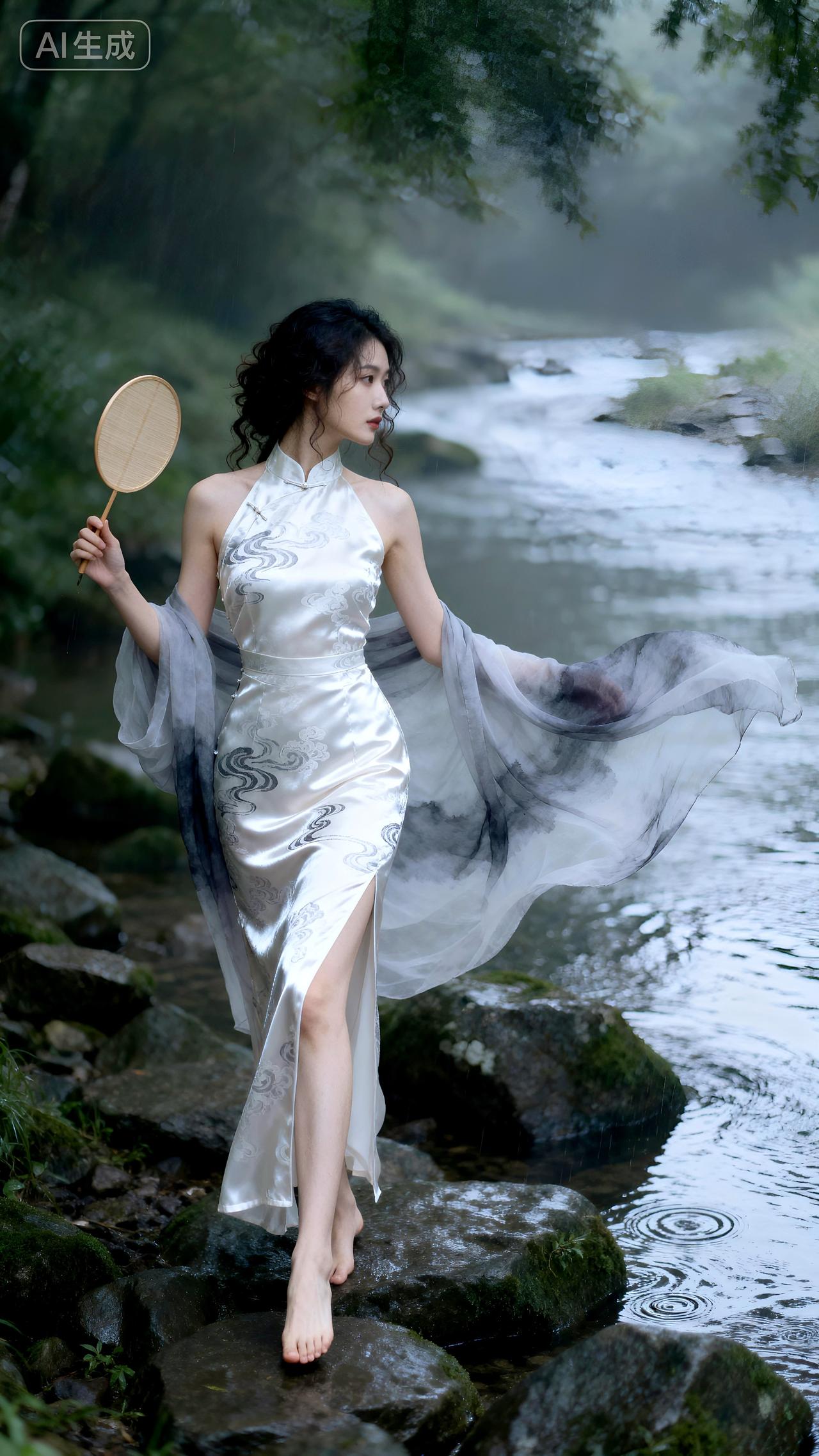 山水氤氲了裙裾，回眸处，惊起一池涟漪。壁纸写真江南烟雨壁纸小桥流水高清壁