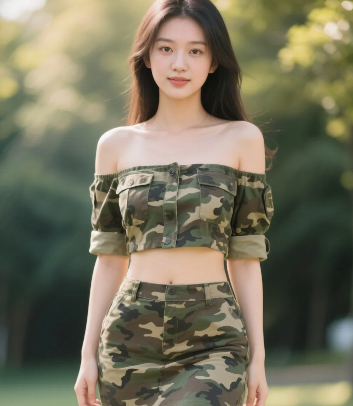 阳光透过枝叶洒在她身上，斑驳的光影与那抹军绿色交织