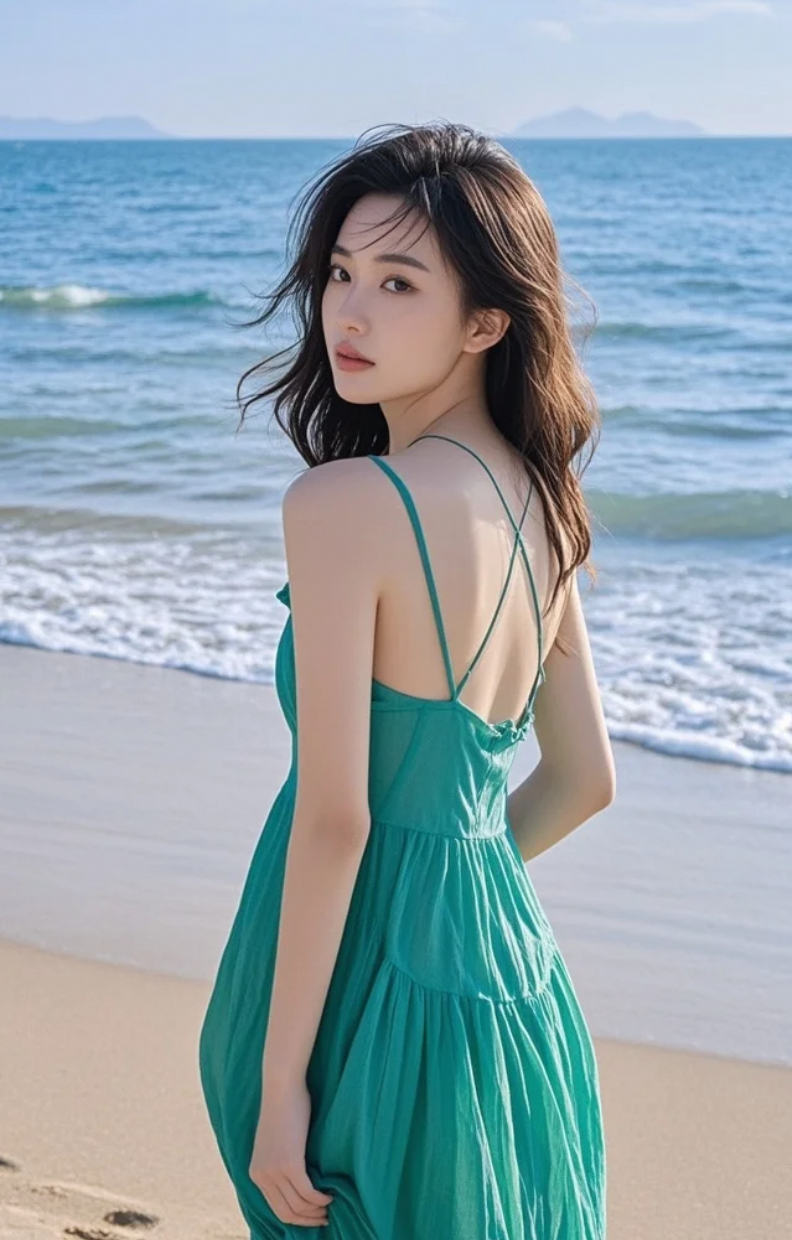 夏季海边漫步，遇见最美的她